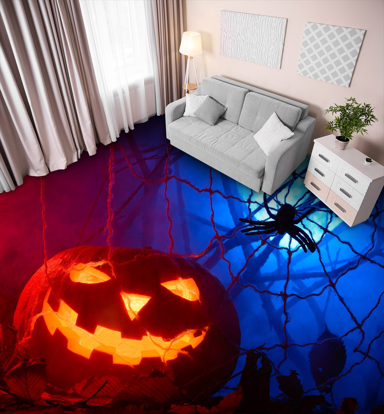 3D Pumpkin Spider 015 Floor Mural  Self-Adhesive Sticker Bathroom Non-slip Waterproof Flooring Murals