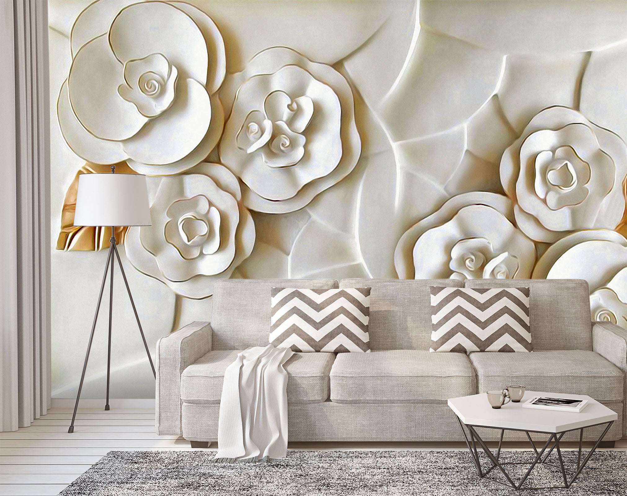 3D Embossed White Flower 017 Wall Murals