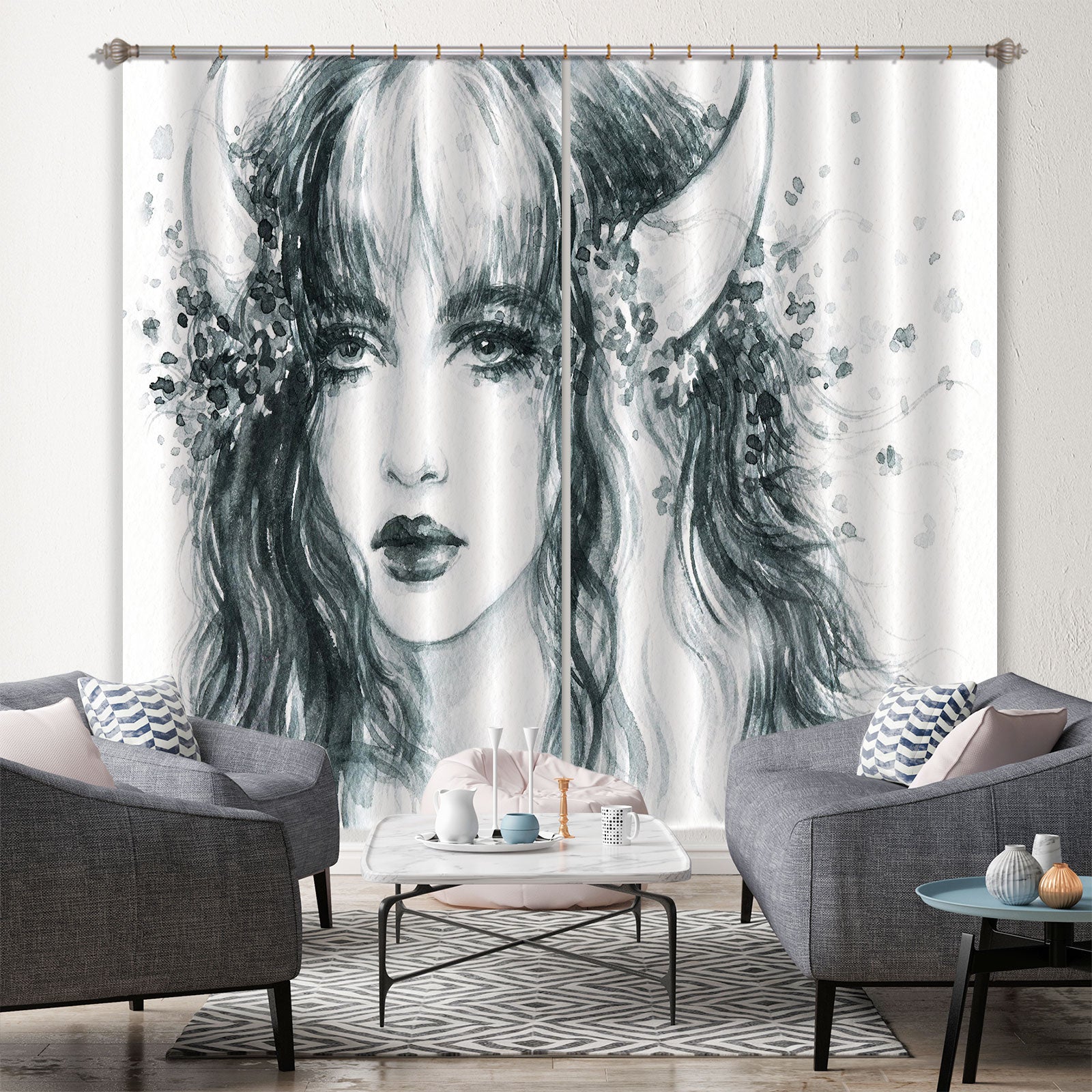 3D Horn Woman 060 Curtains Drapes