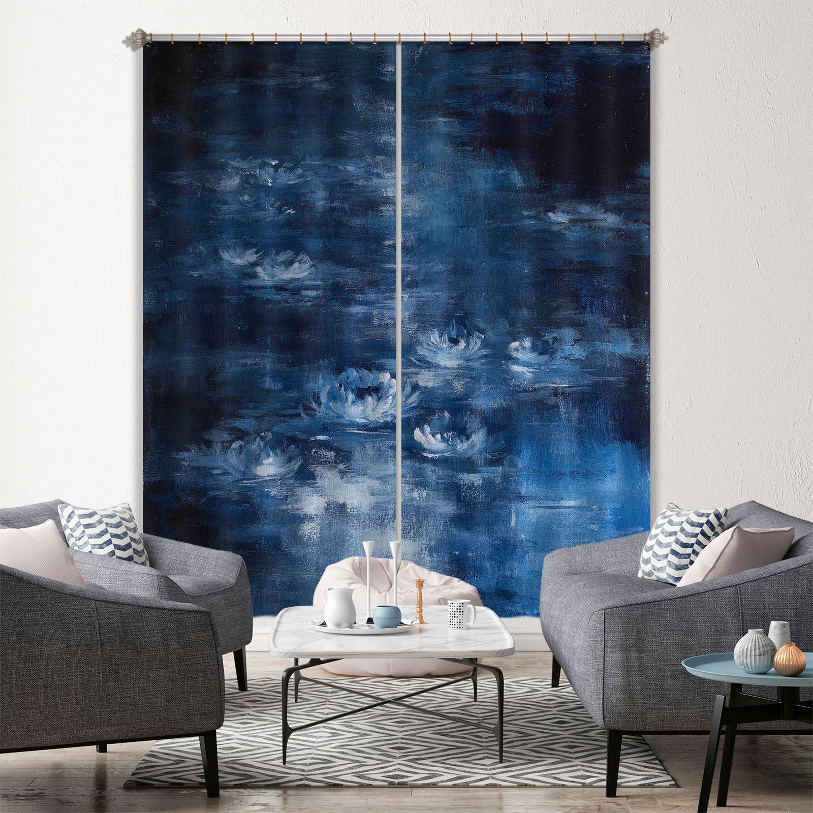 3D Blue Lotus Pattern 1003 Debi Coules Curtain Curtains Drapes