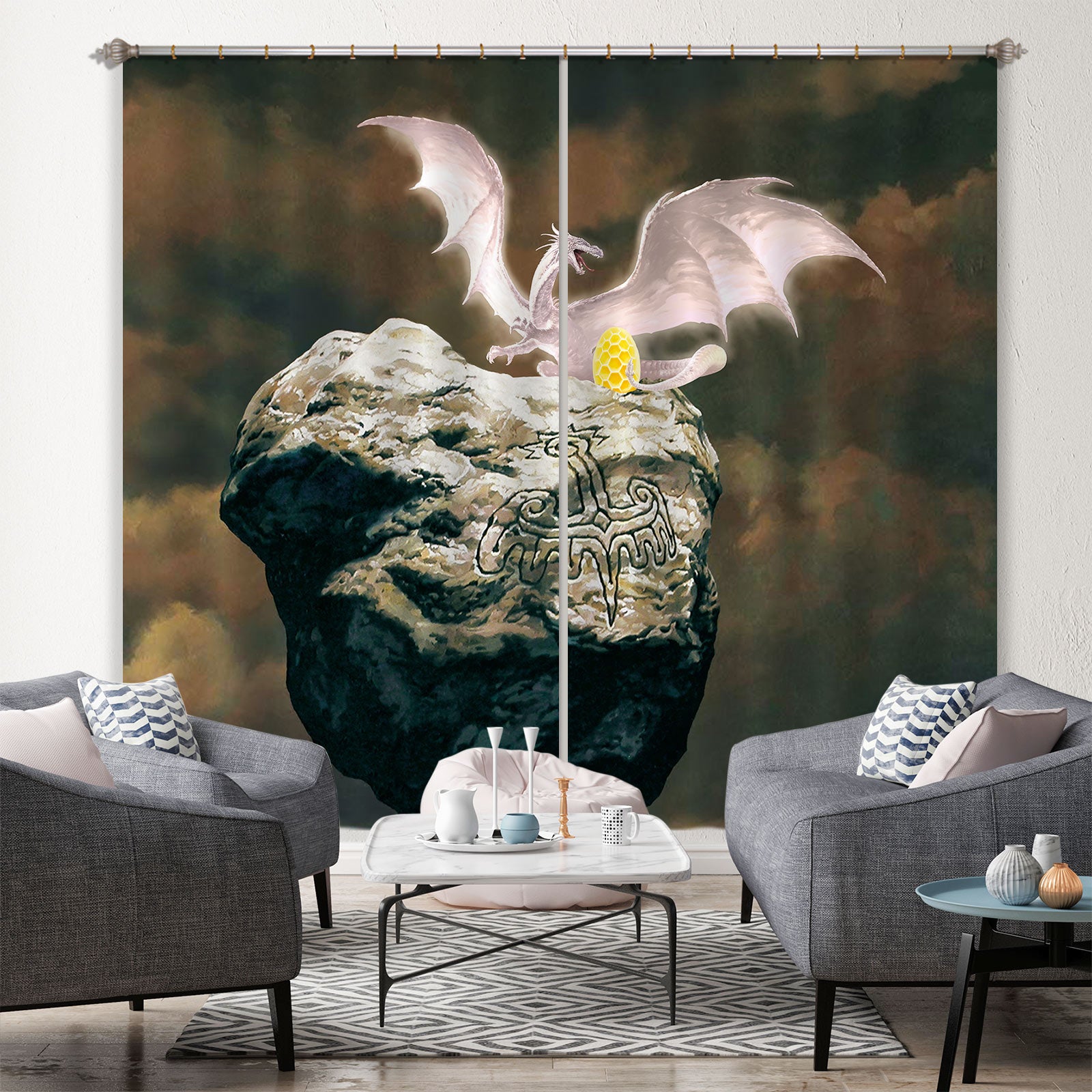 3D Stone White Dragon Golden Egg 7198 Ciruelo Curtain Curtains Drapes