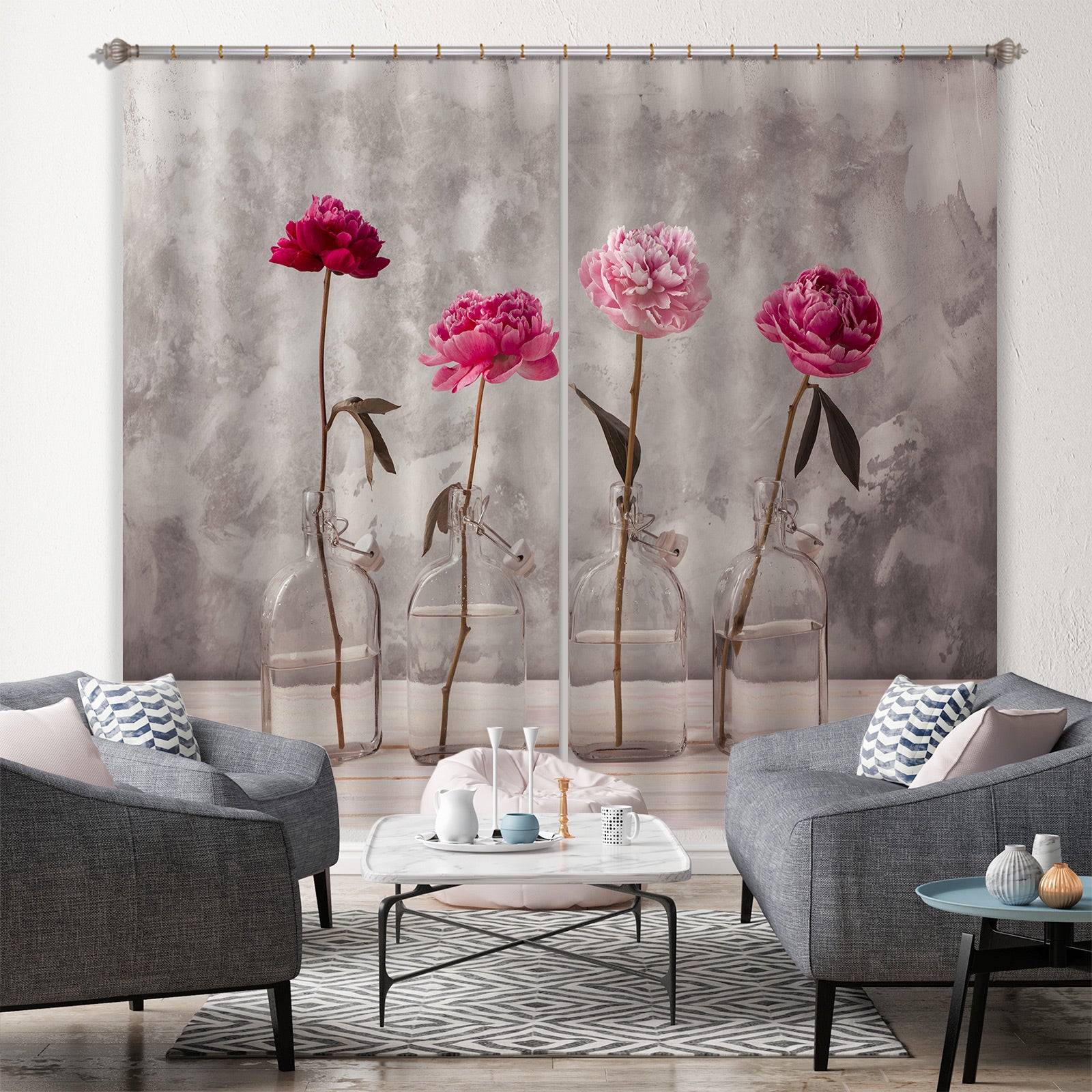 3D Red Peonies 036 Assaf Frank Curtain Curtains Drapes