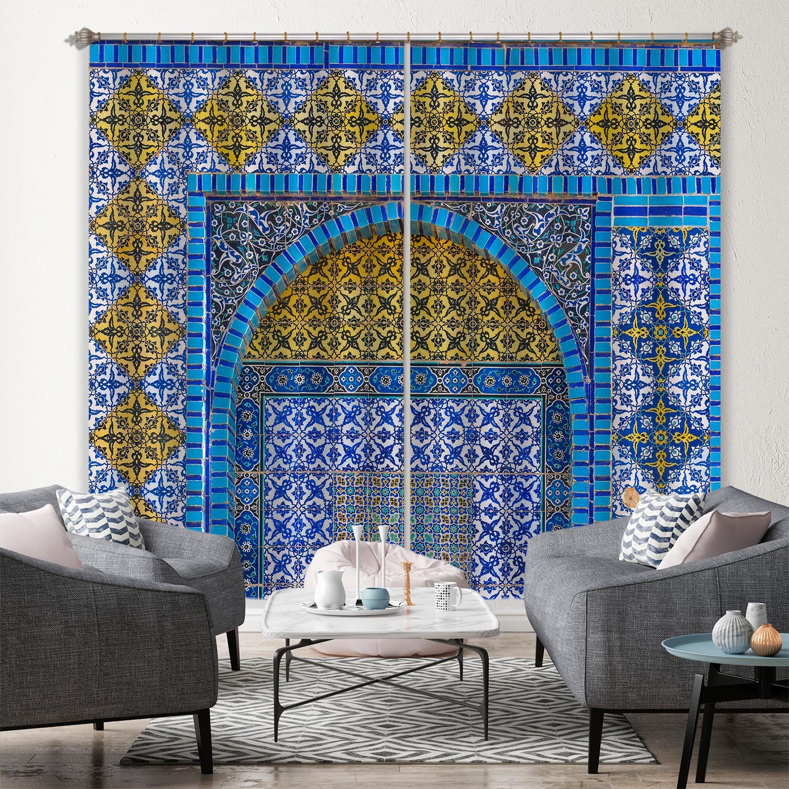3D Blue Brick Pattern 074 Assaf Frank Curtain Curtains Drapes