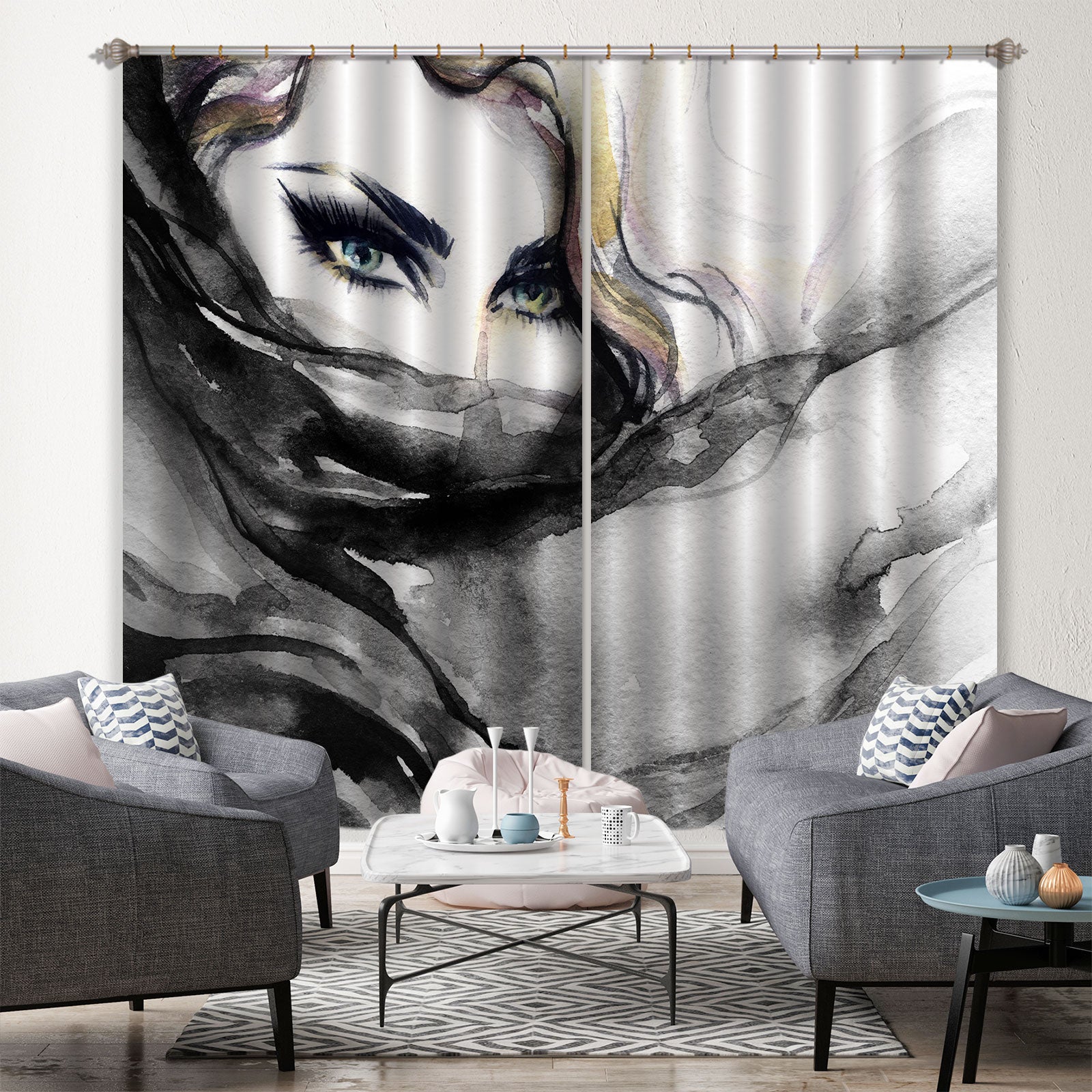 3D Black Yarn Woman 046 Curtains Drapes