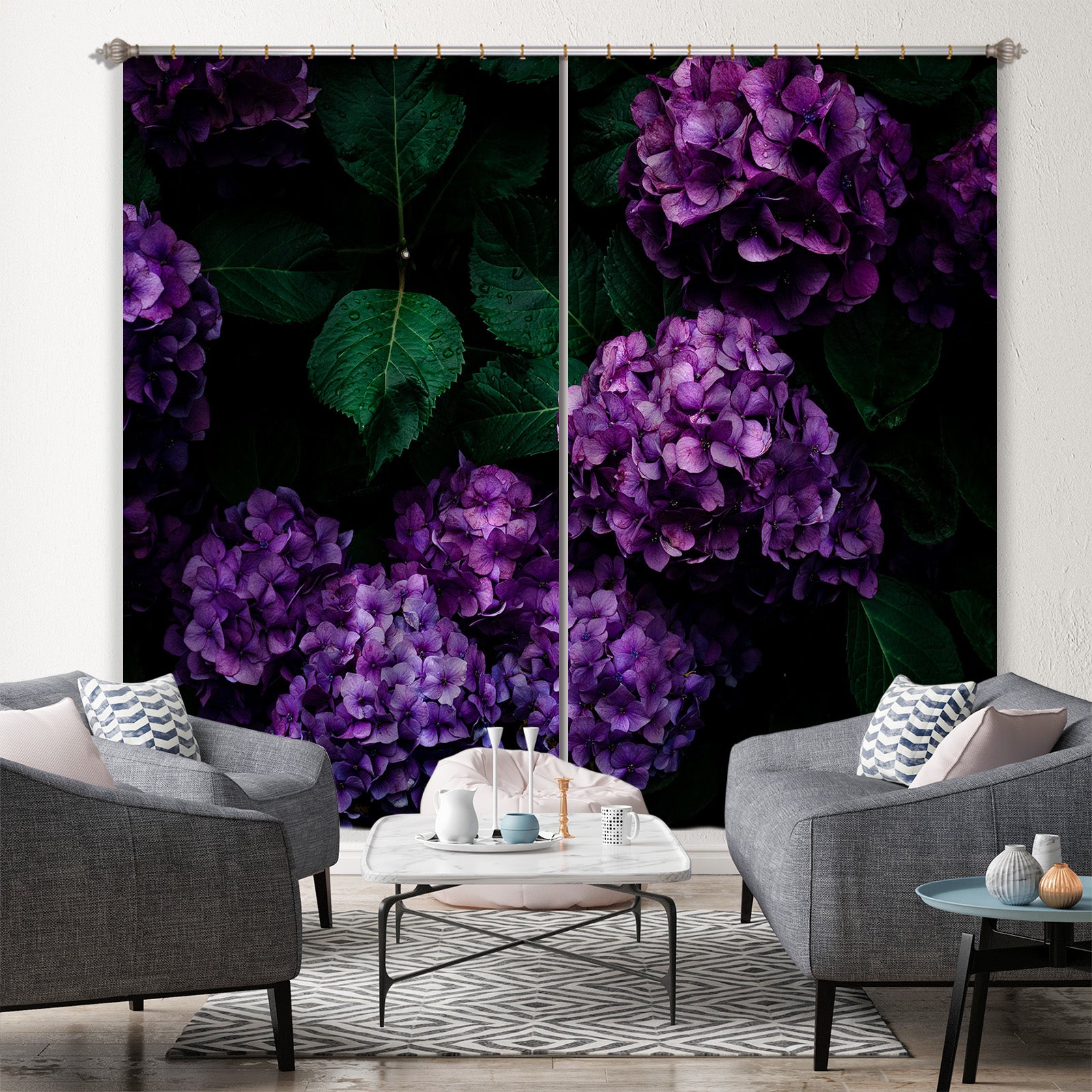 3D Purple Hydrangea 048 Noirblanc777 Curtain Curtains Drapes