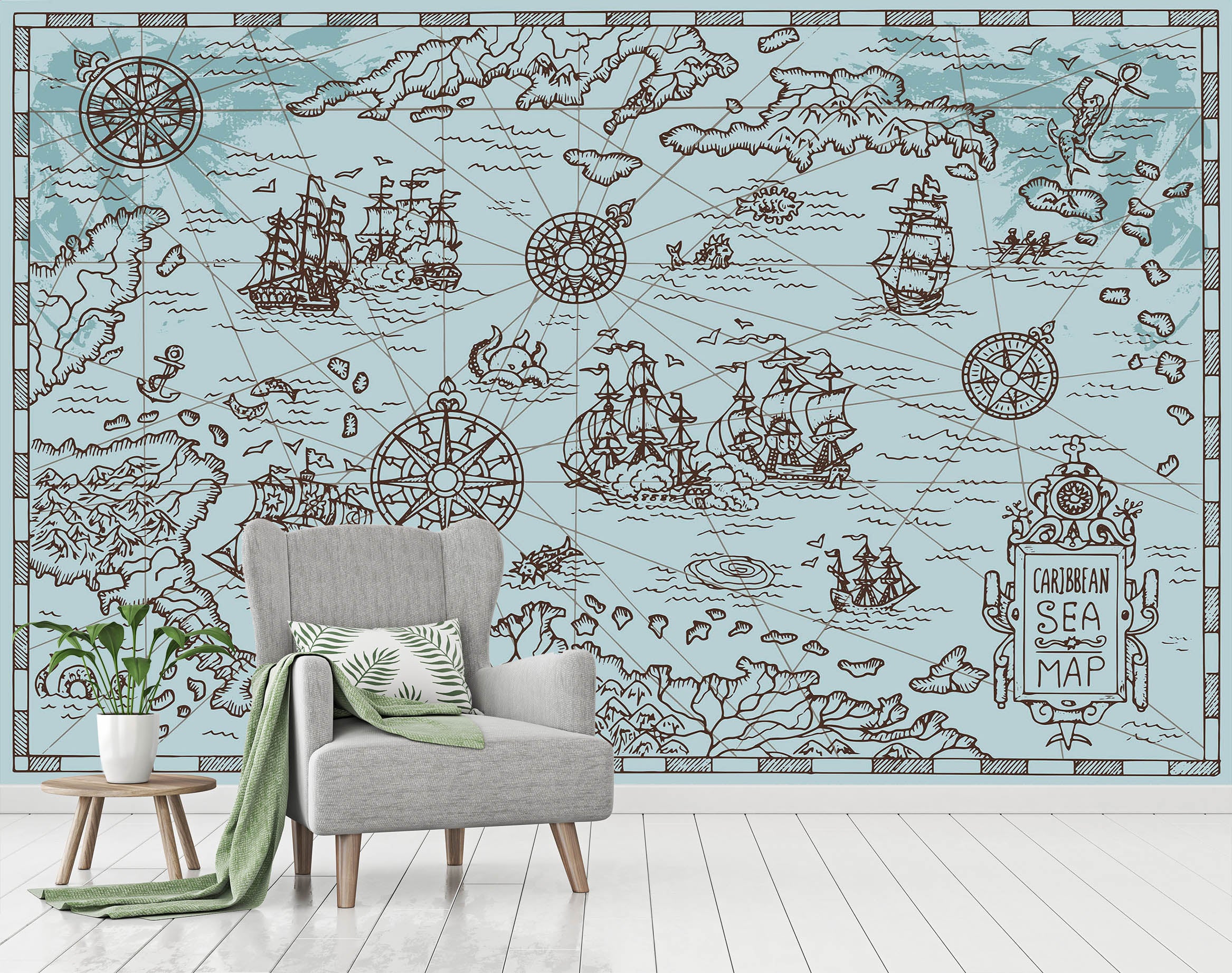 3D Sea Boat 2127 World Map Wall Murals