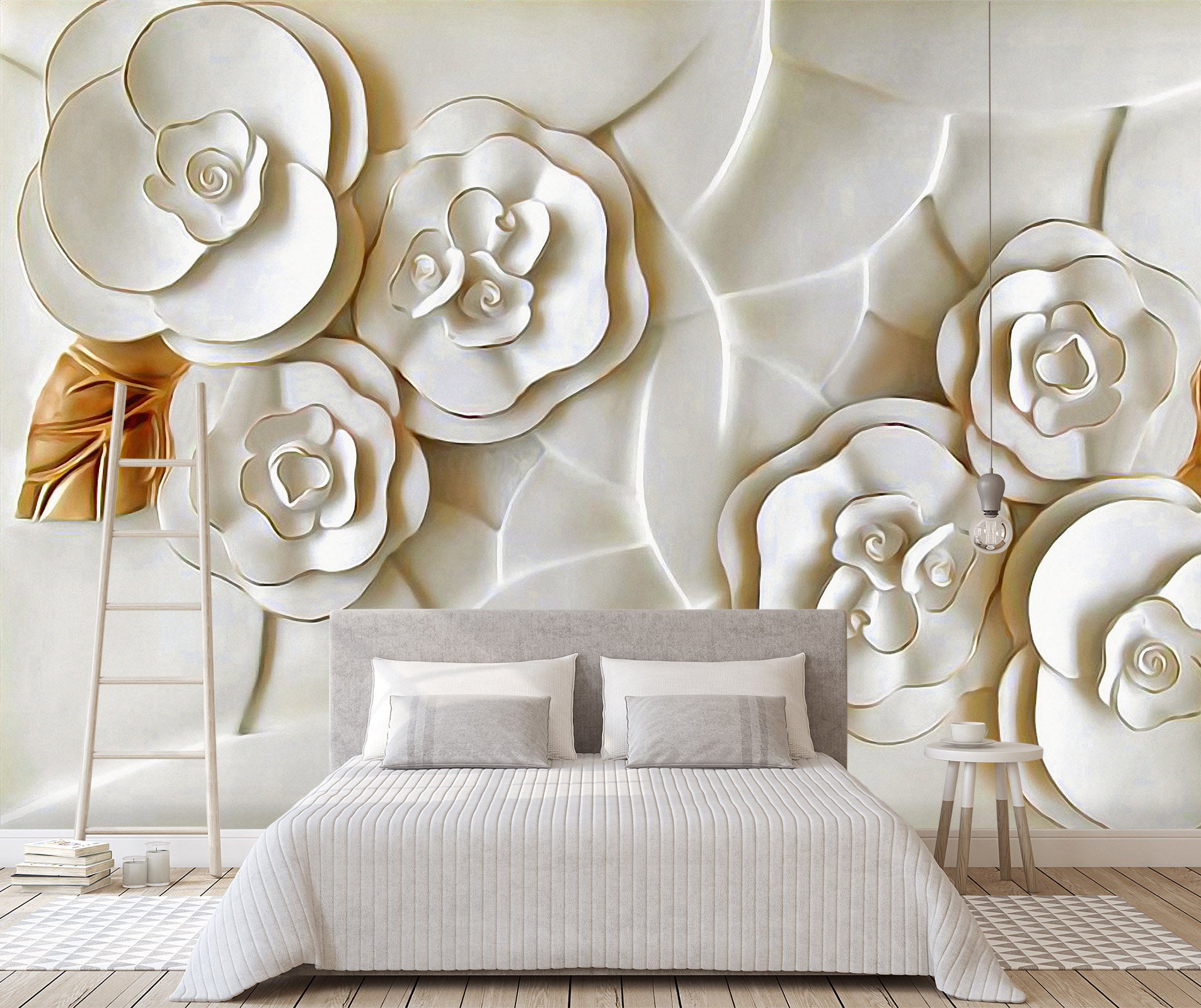 3D Embossed White Flower 050 Wall Murals