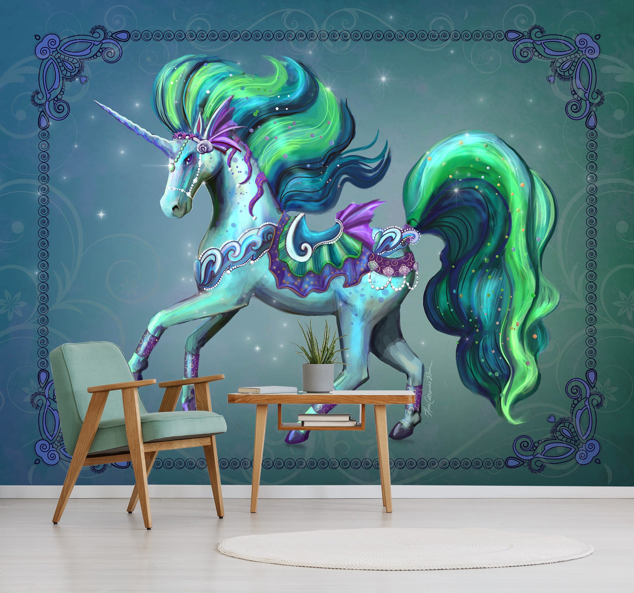 3D Green Unicorn 1415 Rose Catherine Khan Wall Mural Wall Murals