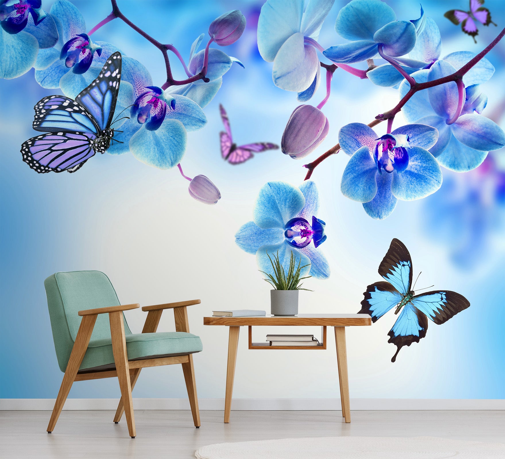 3D Blue Flower Butterfly 398 Wall Murals