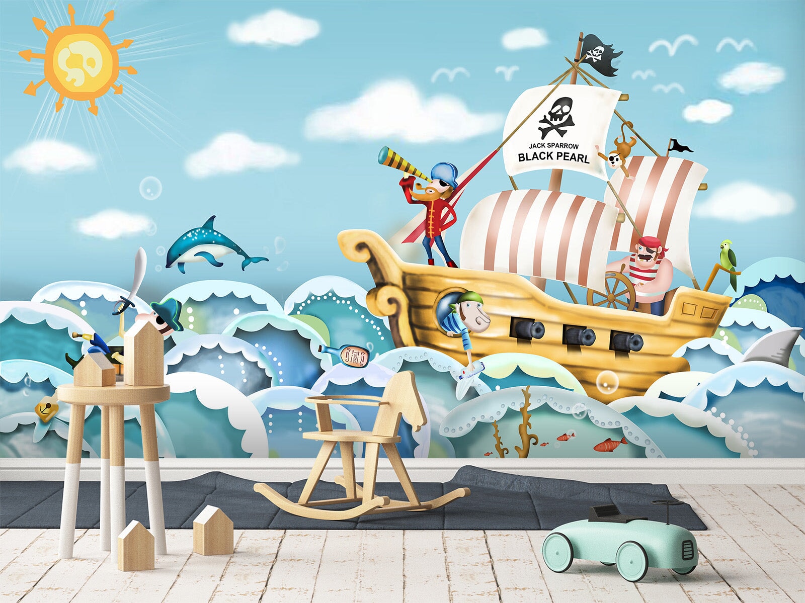3D Pirate Ship Fish 014 Wall Murals Wallpaper AJ Wallpaper 2 