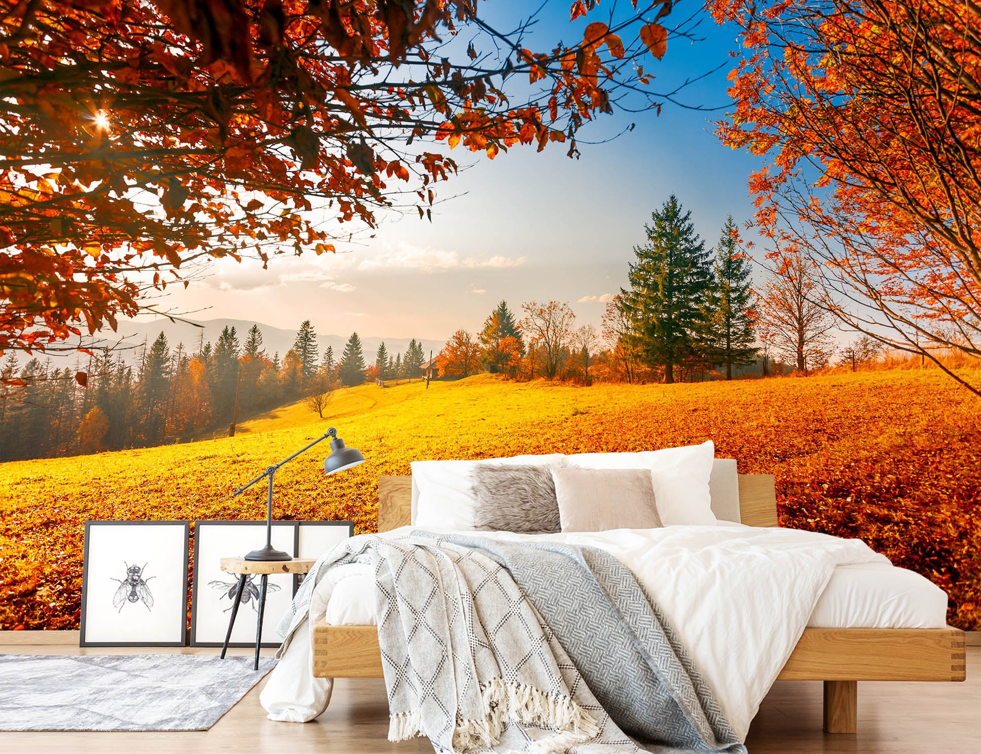 3D Yellow Leaves Lawn 57099 Wall Murals