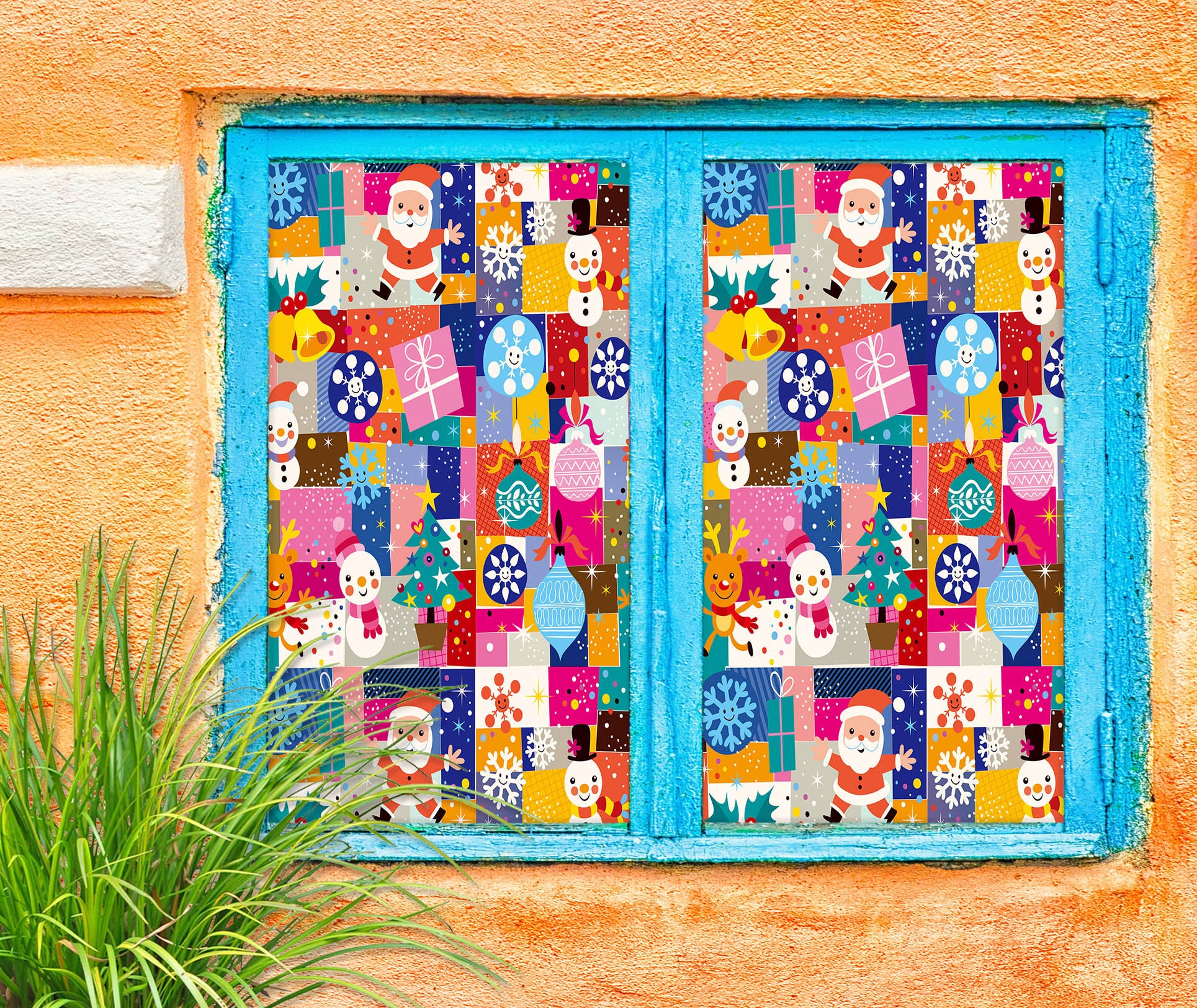 3D Santa Claus Colorful Squares 30012 Christmas Window Film Print Sticker Cling Stained Glass Xmas