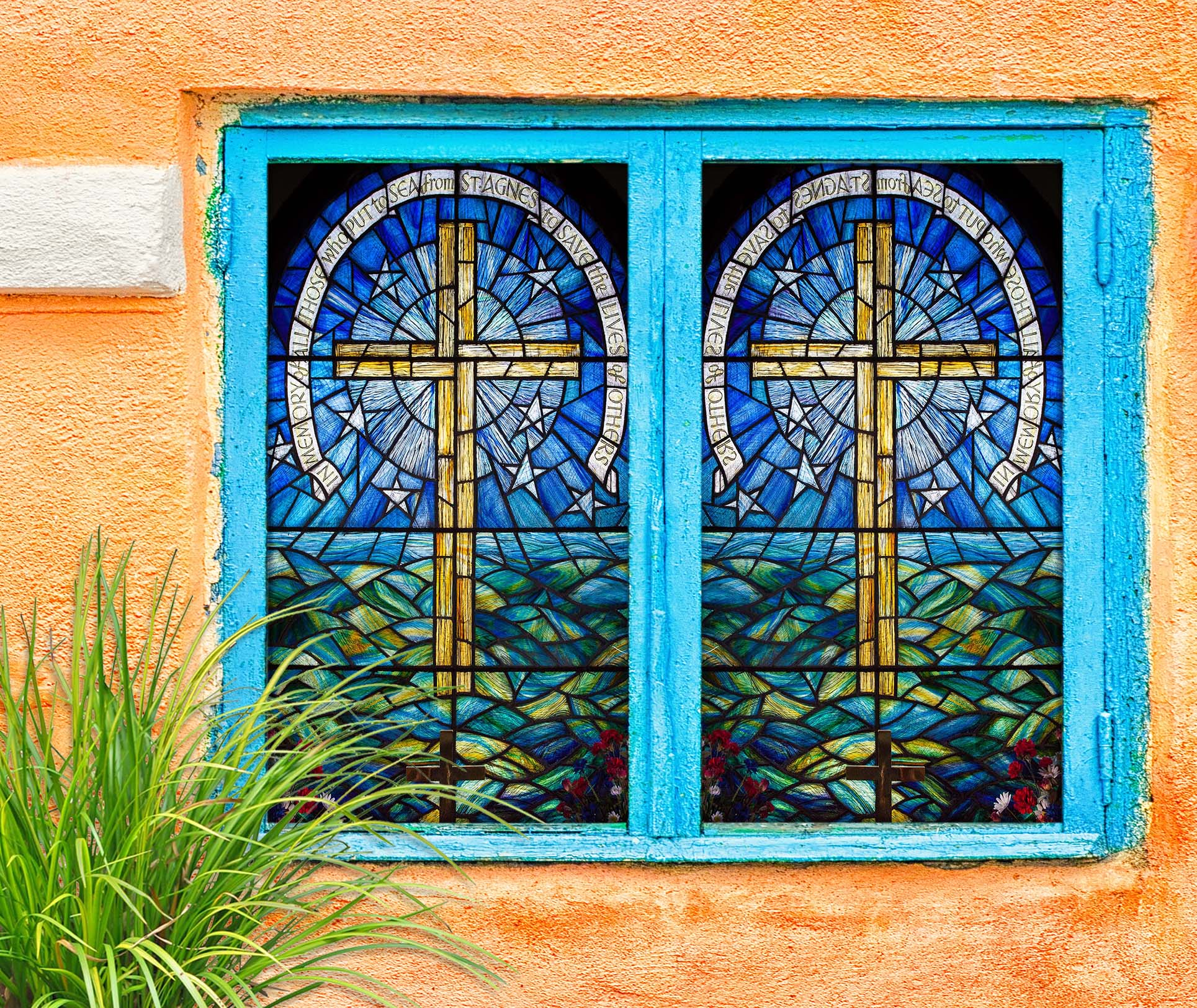 3D Christian Cross 151 Window Film Print Sticker Cling Stained Glass UV Block