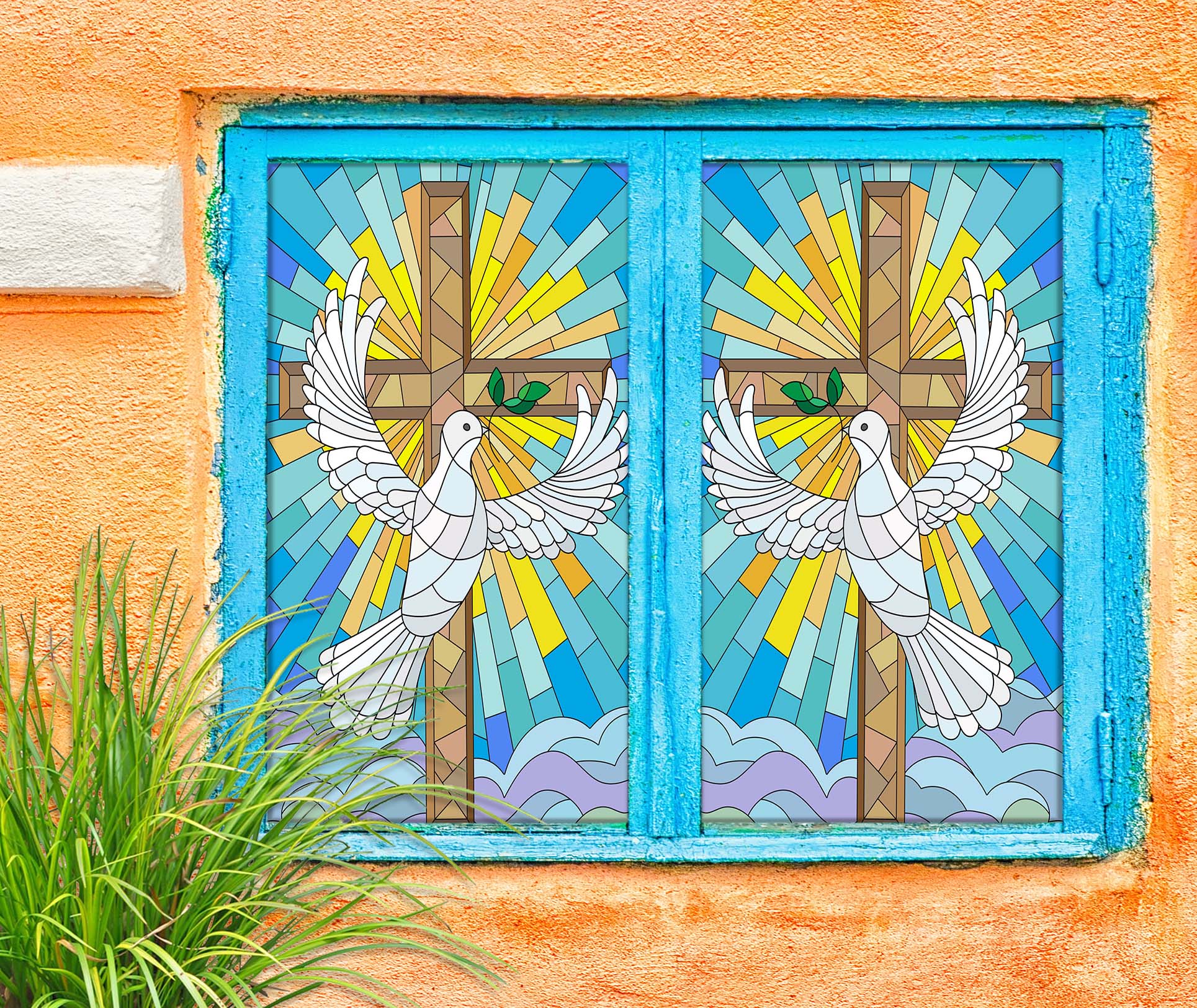 3D Cross Dove 159 Window Film Print Sticker Cling Stained Glass UV Block