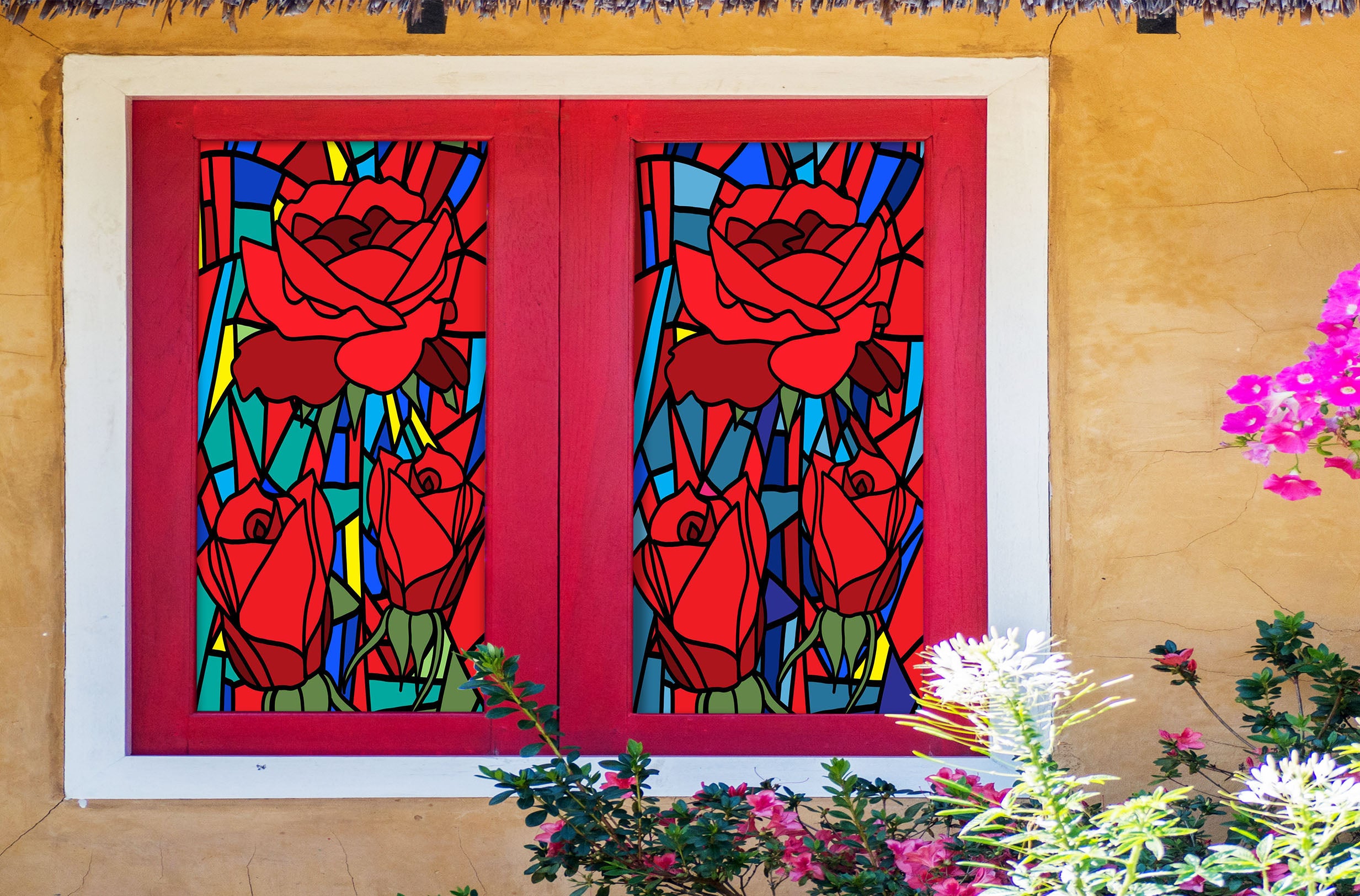 3D Red Rose Flower 355 Window Film Print Sticker Cling Stained Glass UV Block