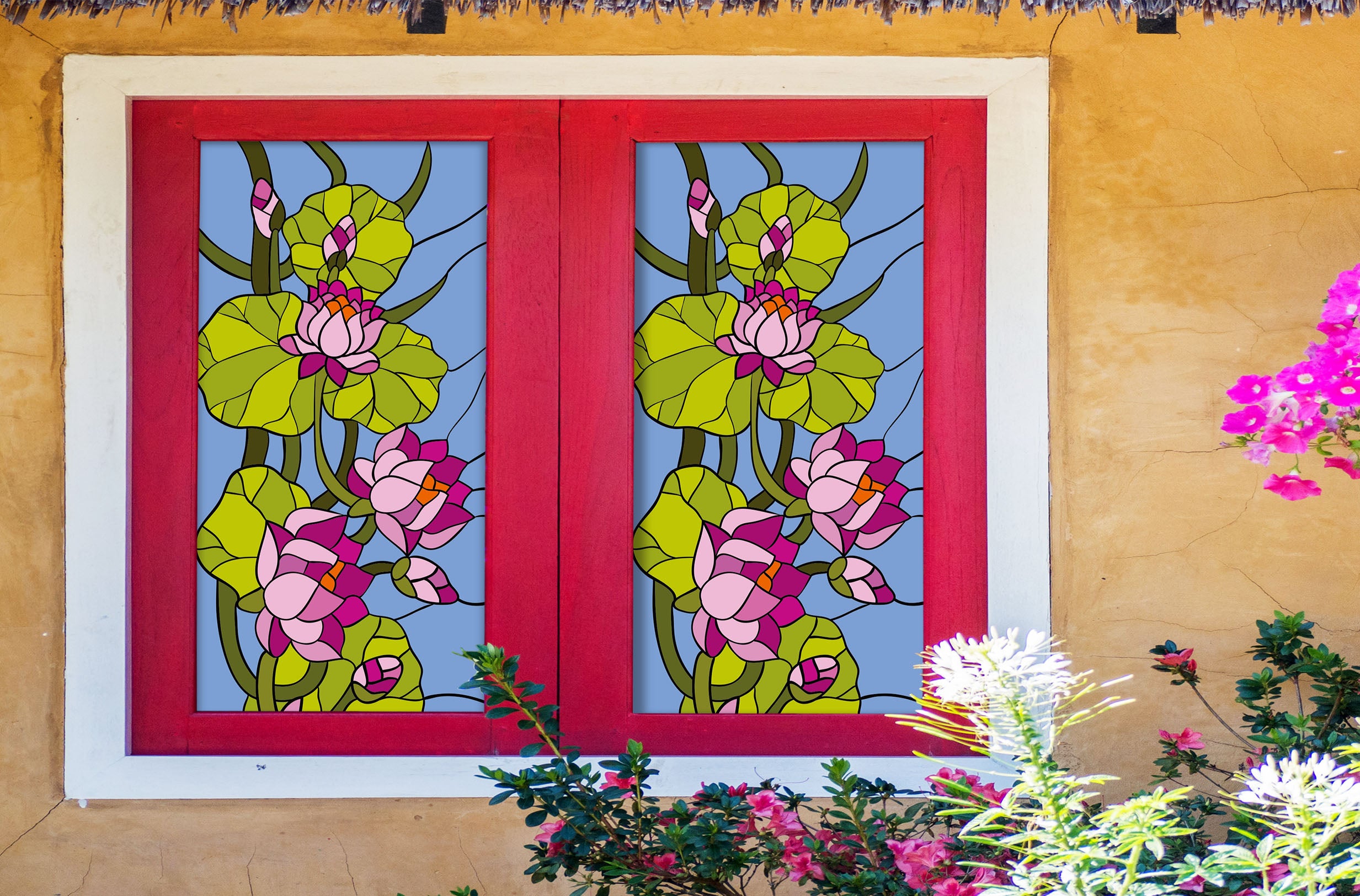 3D Red Lotus 187 Window Film Print Sticker Cling Stained Glass UV Block