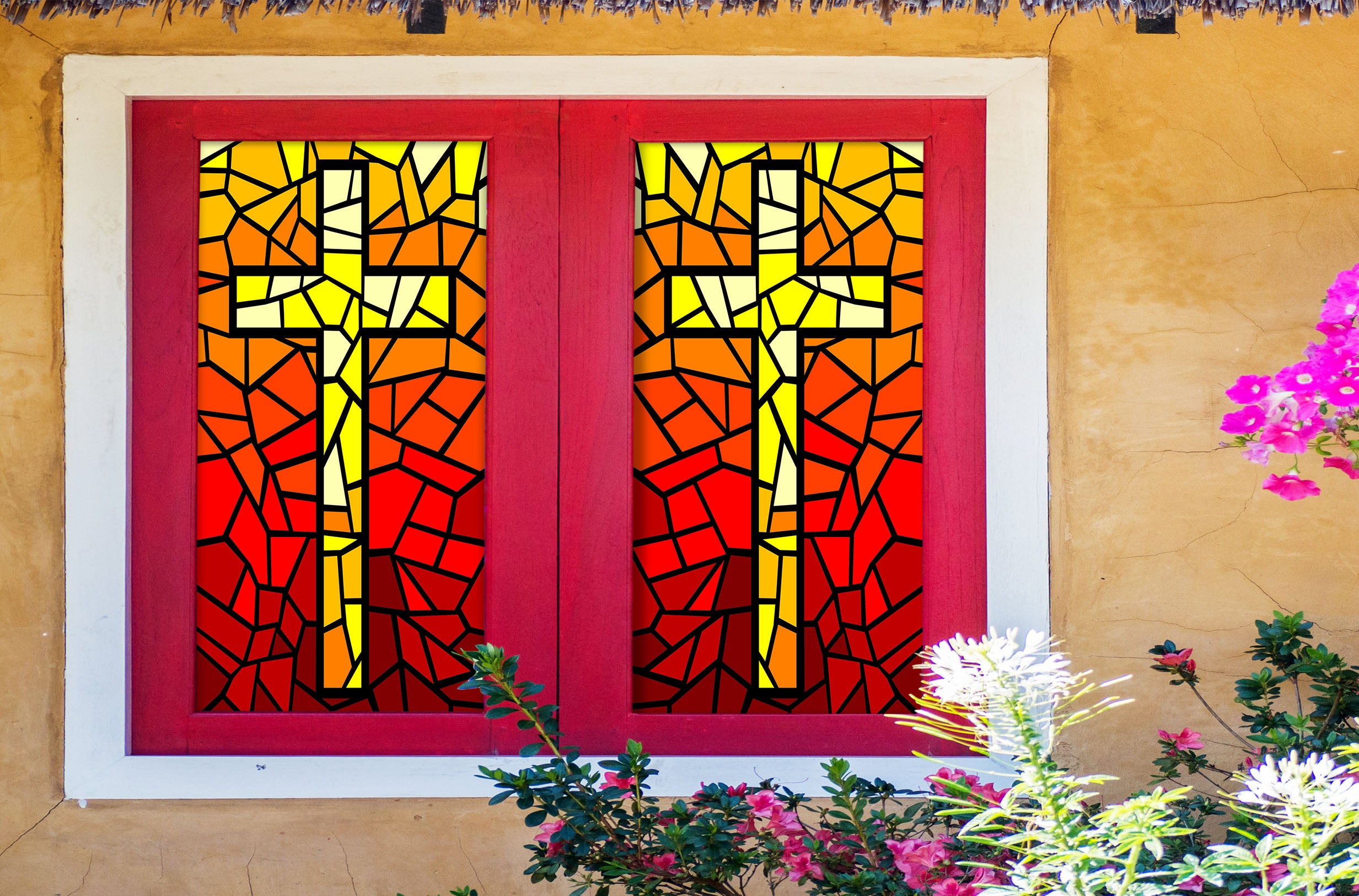 3D Yellow Cross 116 Window Film Print Sticker Cling Stained Glass UV Block