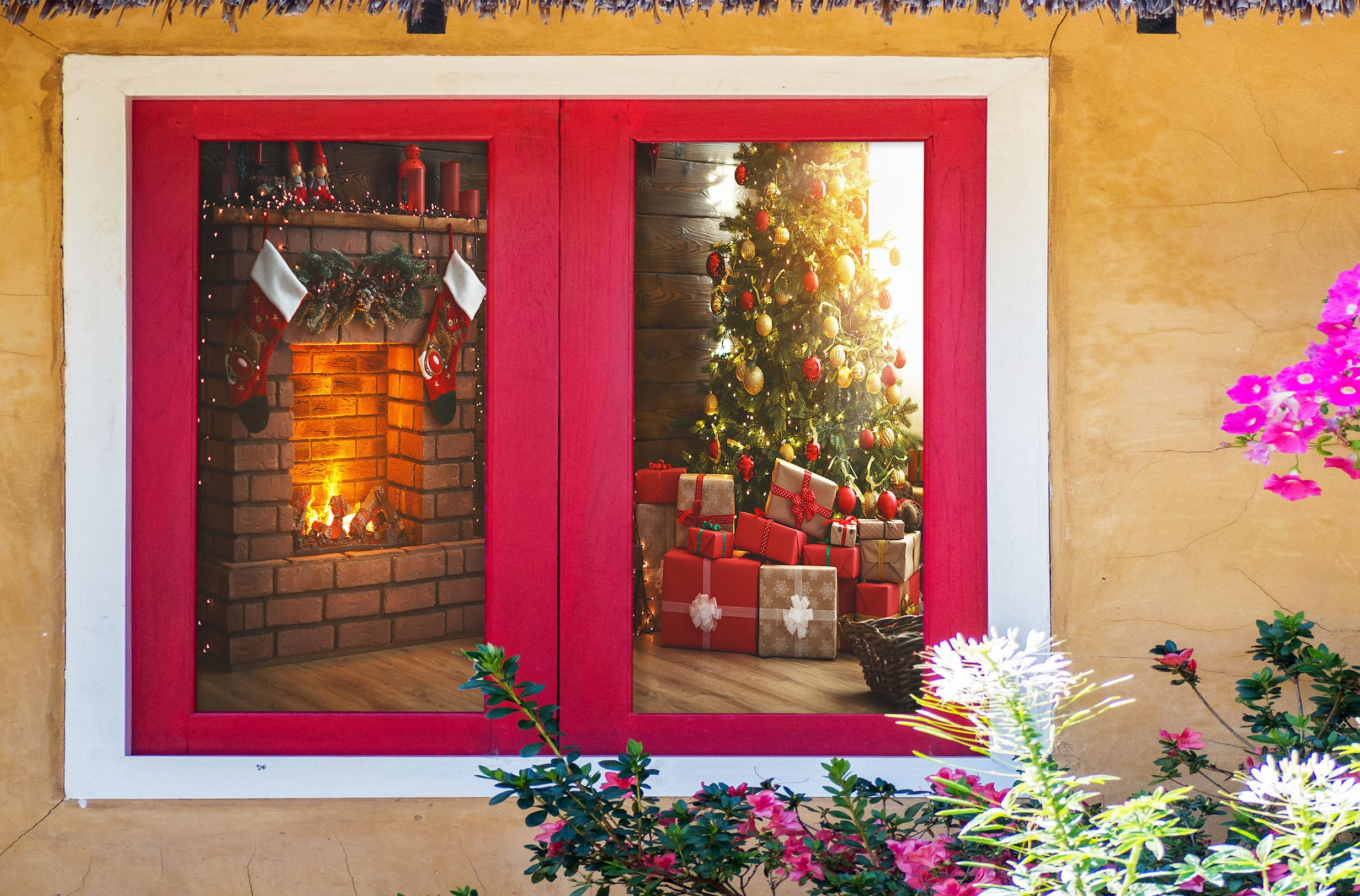 3D Fireplace Gift 31056 Christmas Window Film Print Sticker Cling Stained Glass Xmas