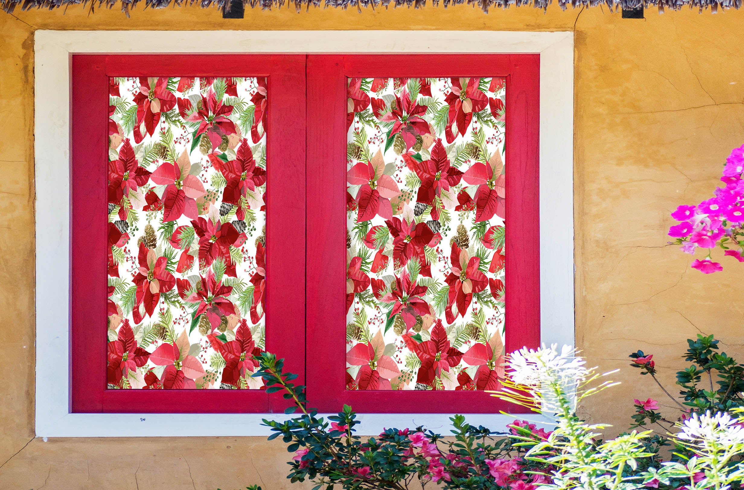 3D Red Bougainvillea 30043 Christmas Window Film Print Sticker Cling Stained Glass Xmas