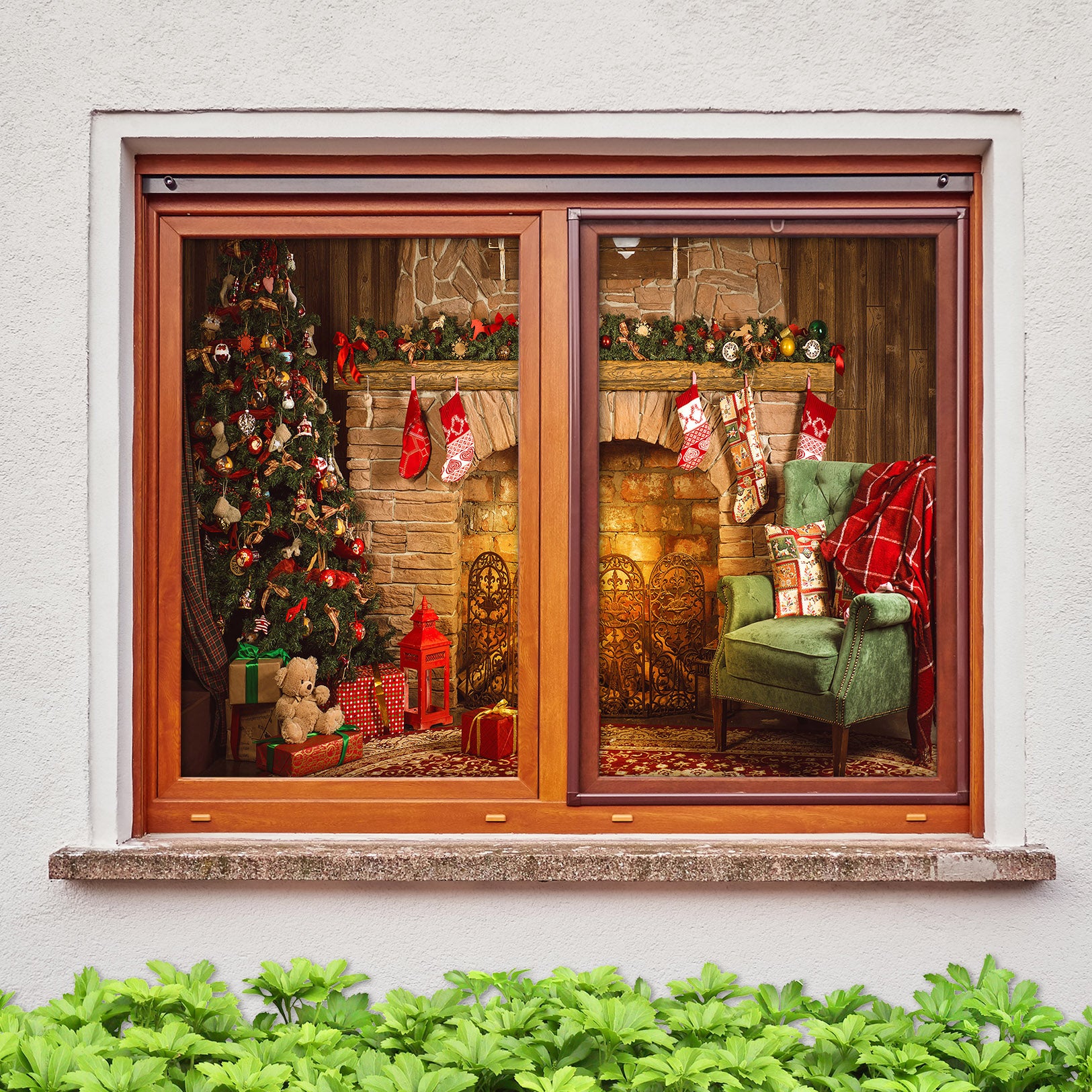 3D Fireplace 30038 Christmas Window Film Print Sticker Cling Stained Glass Xmas