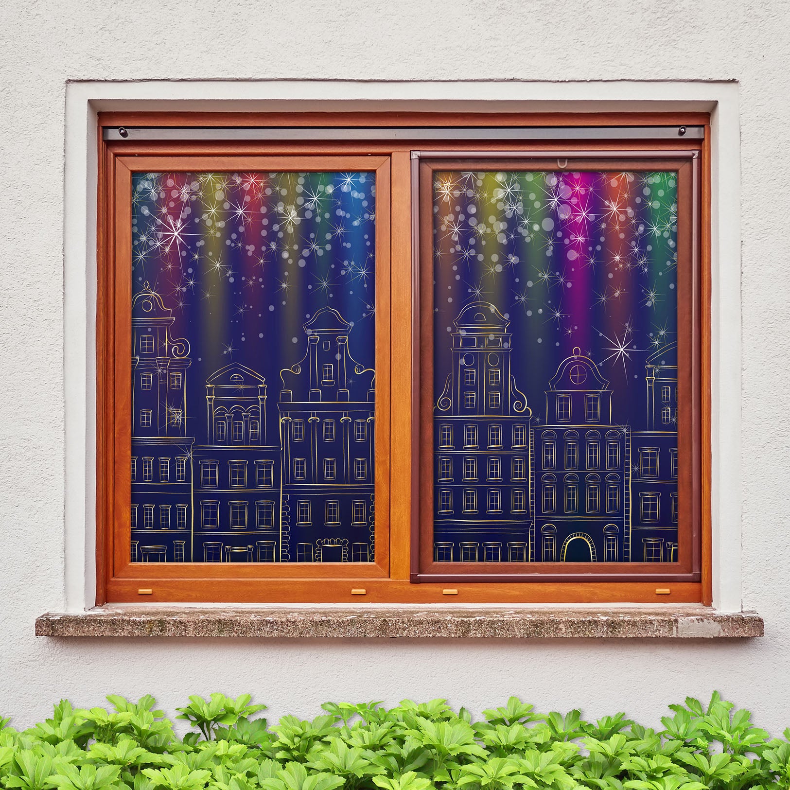 3D Houses Colored Light 31004 Christmas Window Film Print Sticker Cling Stained Glass Xmas