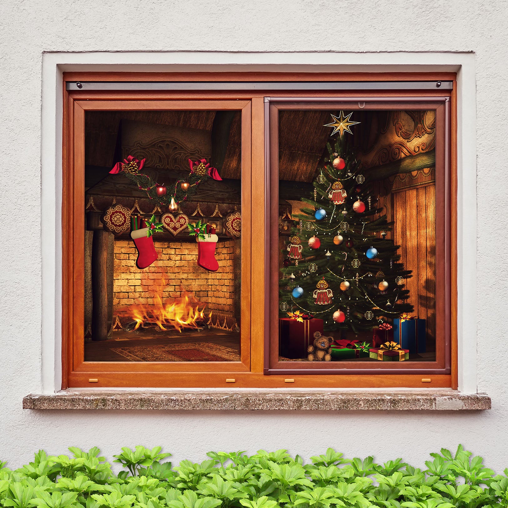 3D Christmas Tree Fireplace 31028 Christmas Window Film Print Sticker Cling Stained Glass Xmas