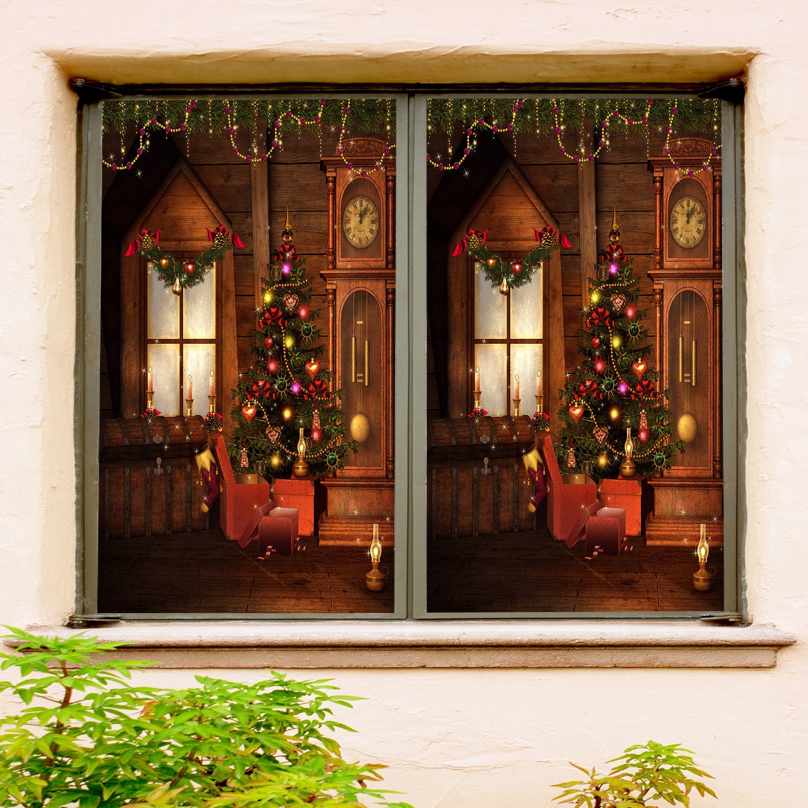 3D Wooden House Tree 30002 Christmas Window Film Print Sticker Cling Stained Glass Xmas