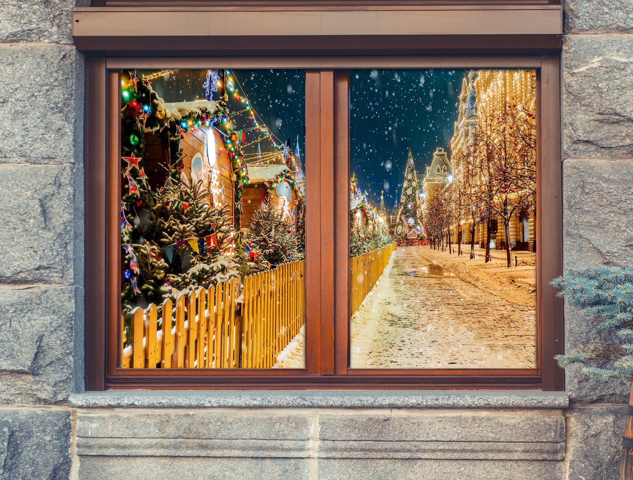 3D Tree Snow Street 30053 Christmas Window Film Print Sticker Cling Stained Glass Xmas