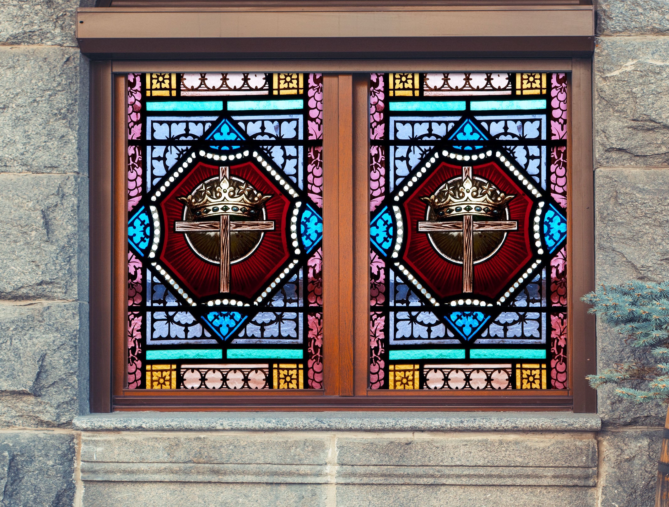 3D Crown Cross 110 Window Film Print Sticker Cling Stained Glass UV Block