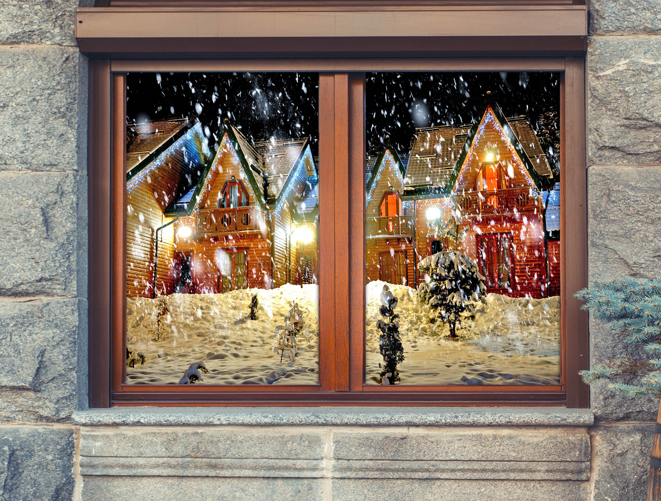 3D Heavy Snow Houses 31007 Christmas Window Film Print Sticker Cling Stained Glass Xmas