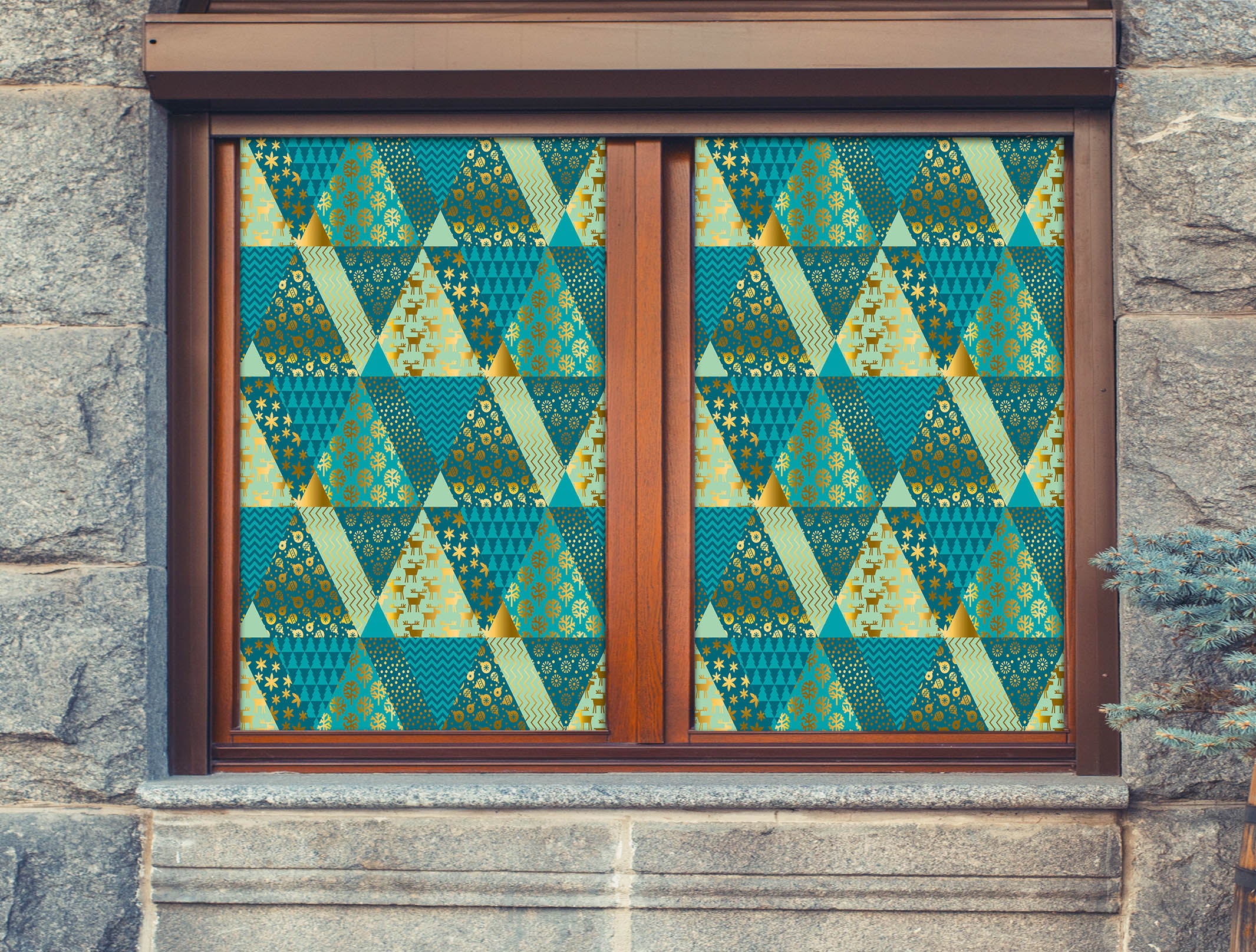3D Green Triangle Pattern 30061 Christmas Window Film Print Sticker Cling Stained Glass Xmas