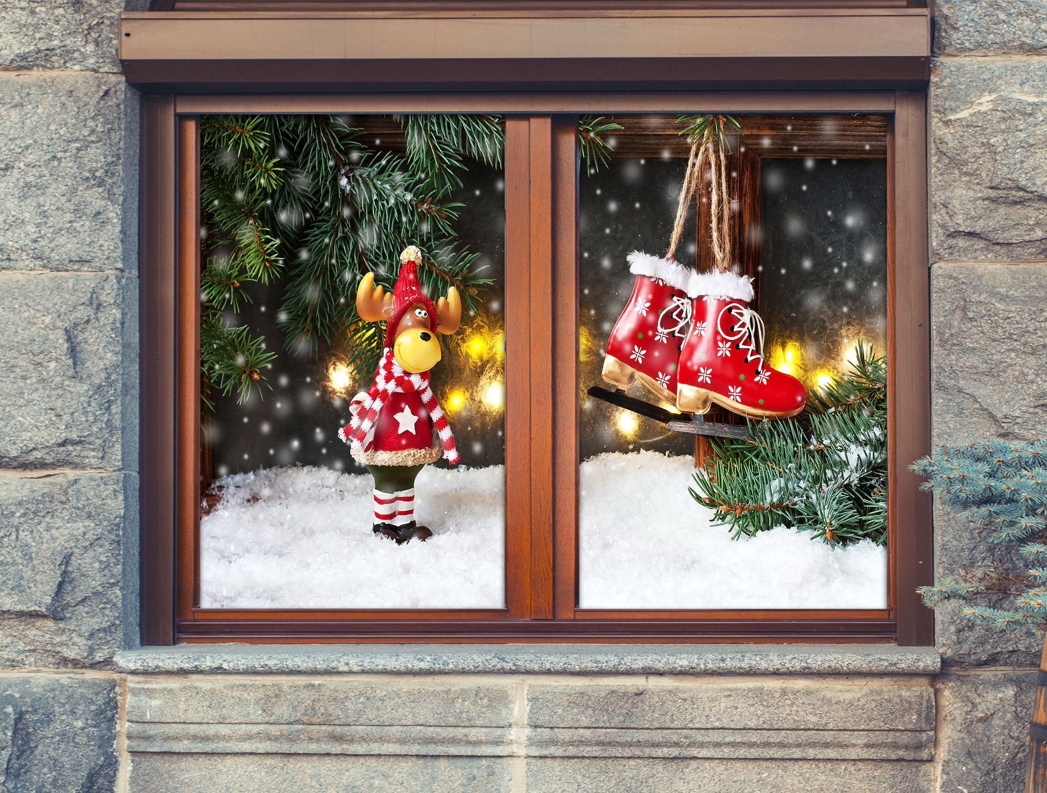 3D Deer Snow Boots Ornaments 30097 Christmas Window Film Print Sticker Cling Stained Glass Xmas