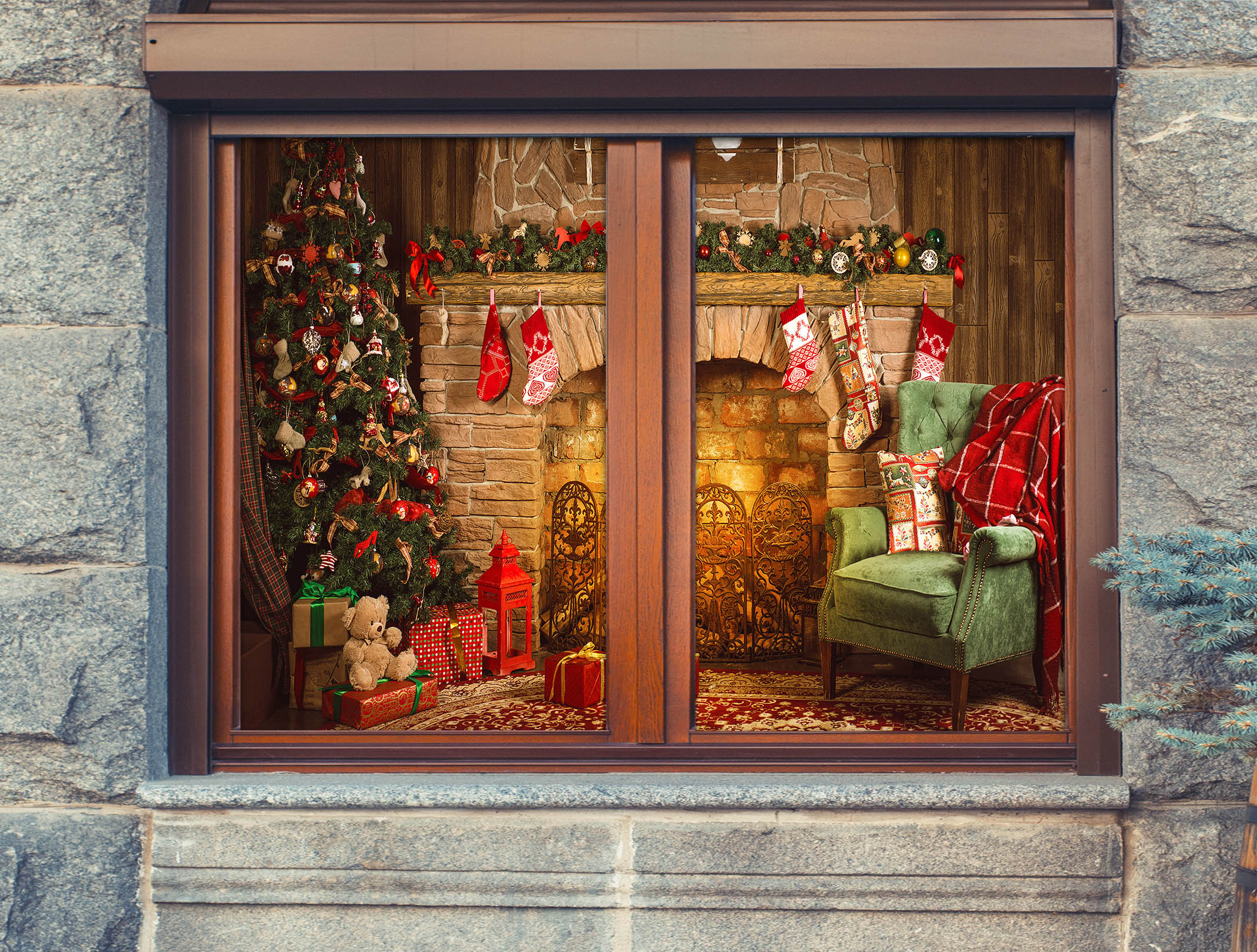 3D Fireplace 30038 Christmas Window Film Print Sticker Cling Stained Glass Xmas