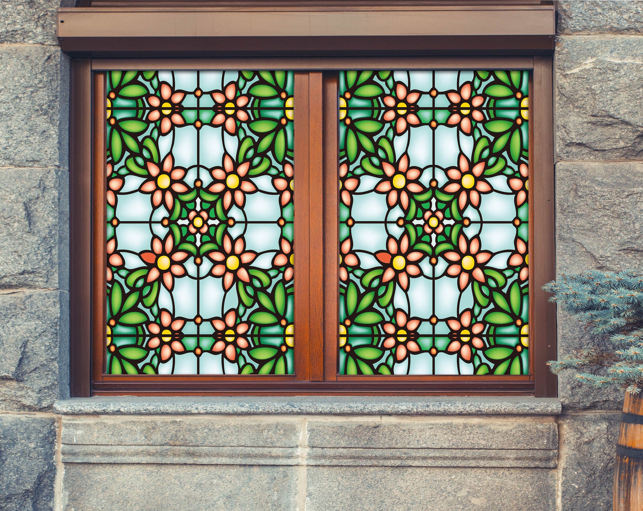 3D Green Flower 188 Window Film Print Sticker Cling Stained Glass UV Block