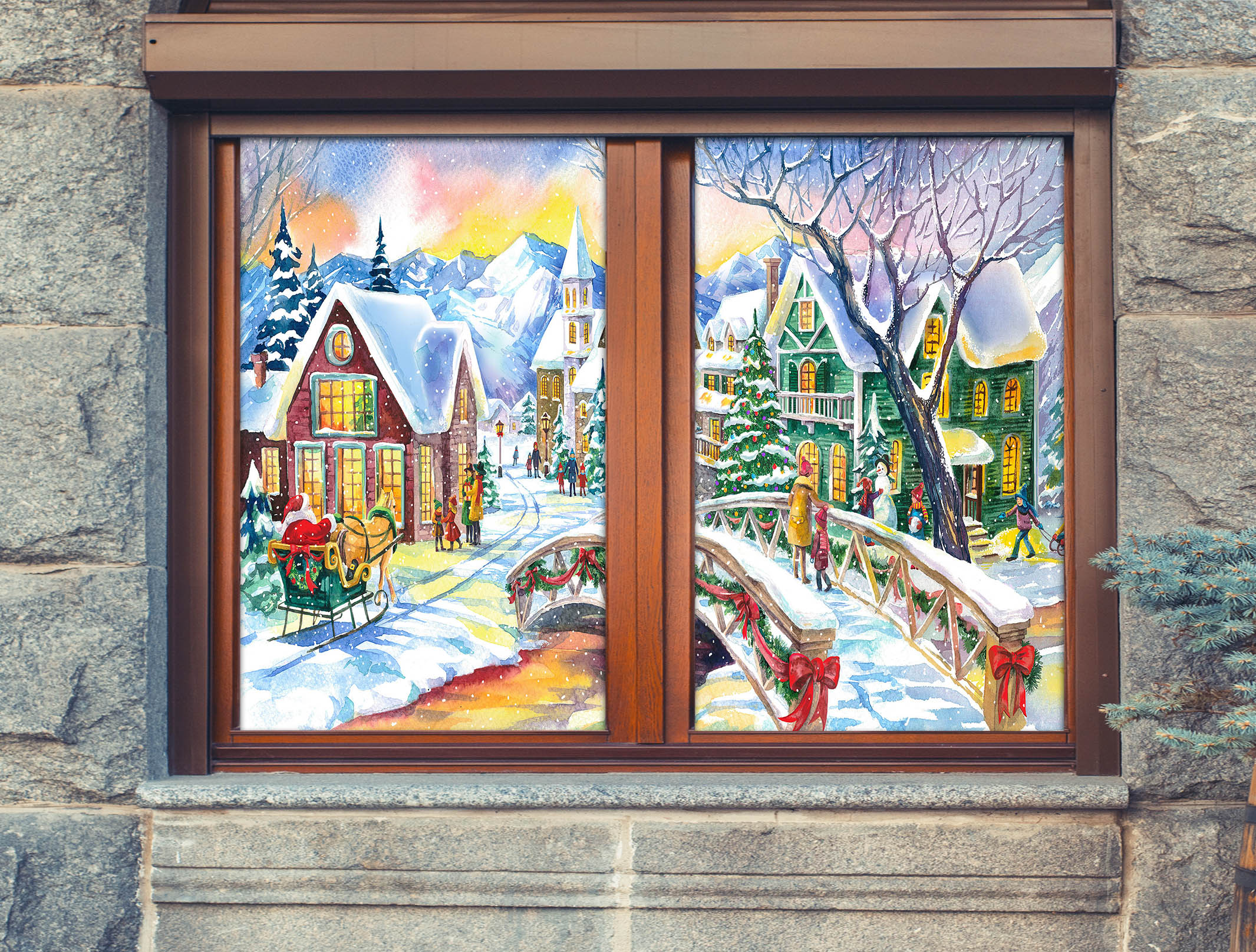 3D Snowy Town 30079 Christmas Window Film Print Sticker Cling Stained Glass Xmas