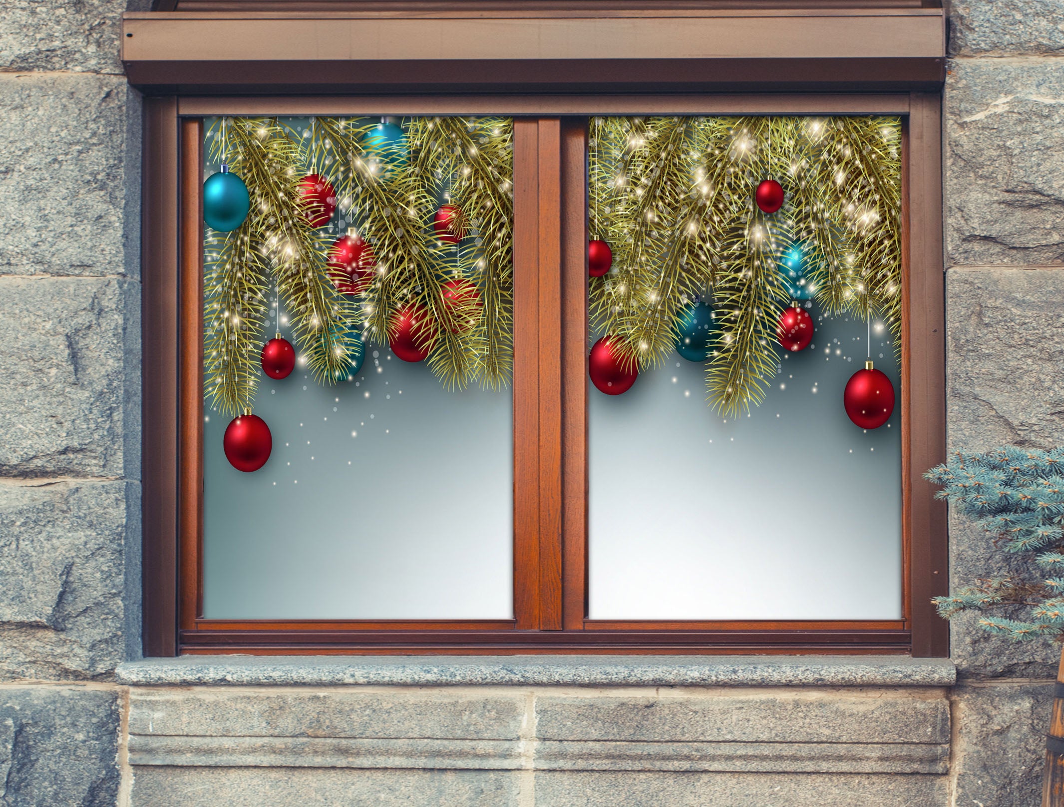 3D Red Blue Balls Branches 31071 Christmas Window Film Print Sticker Cling Stained Glass Xmas