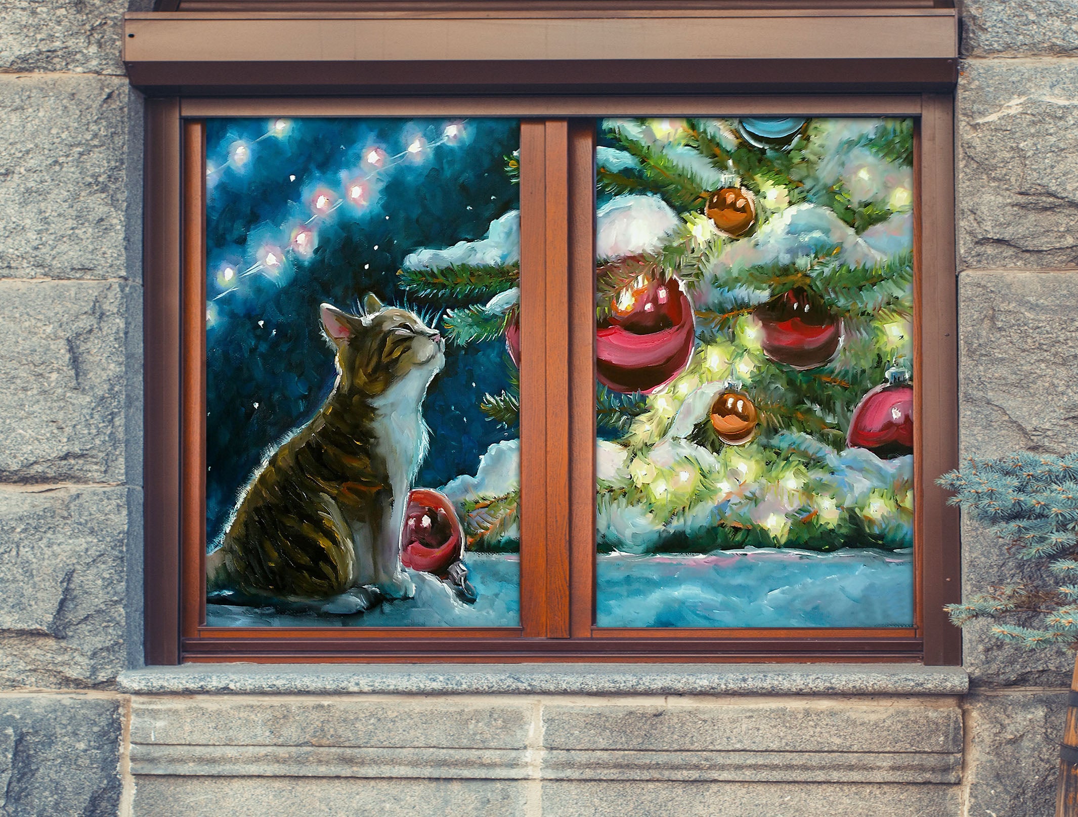 3D Cat 30074 Christmas Window Film Print Sticker Cling Stained Glass Xmas