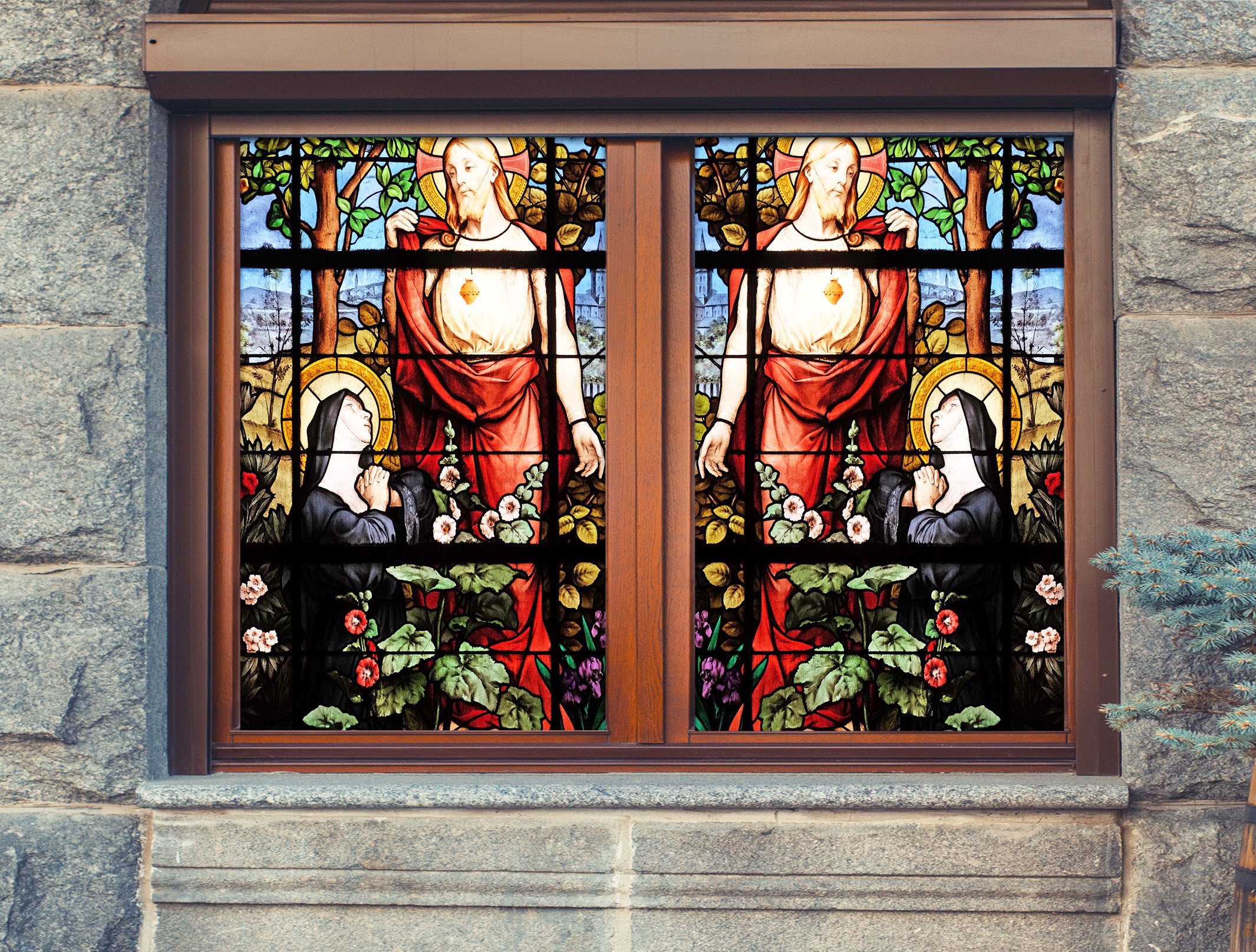 3D Nun Praying 207 Window Film Print Sticker Cling Stained Glass UV Block