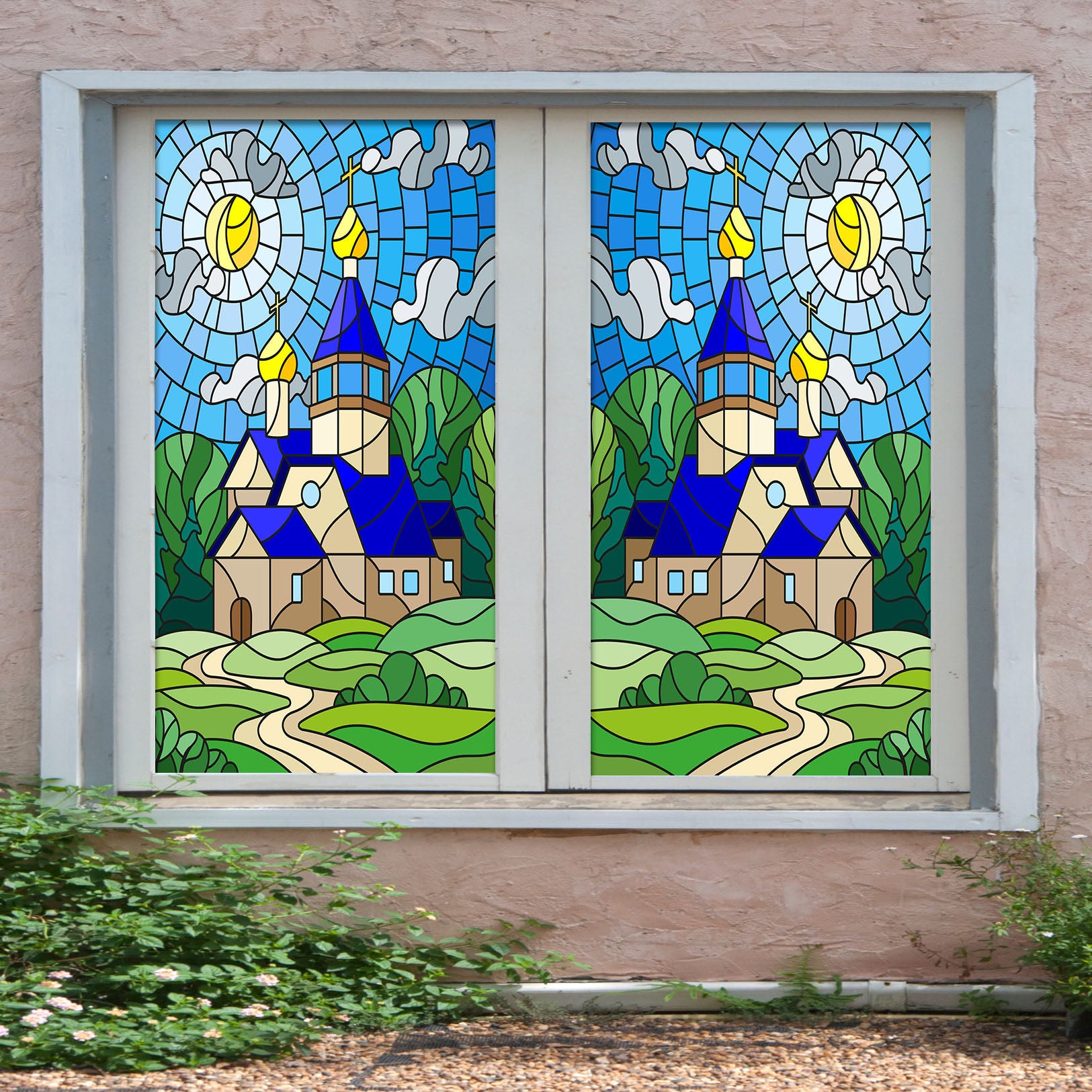 3D Blue House 202 Window Film Print Sticker Cling Stained Glass UV Block