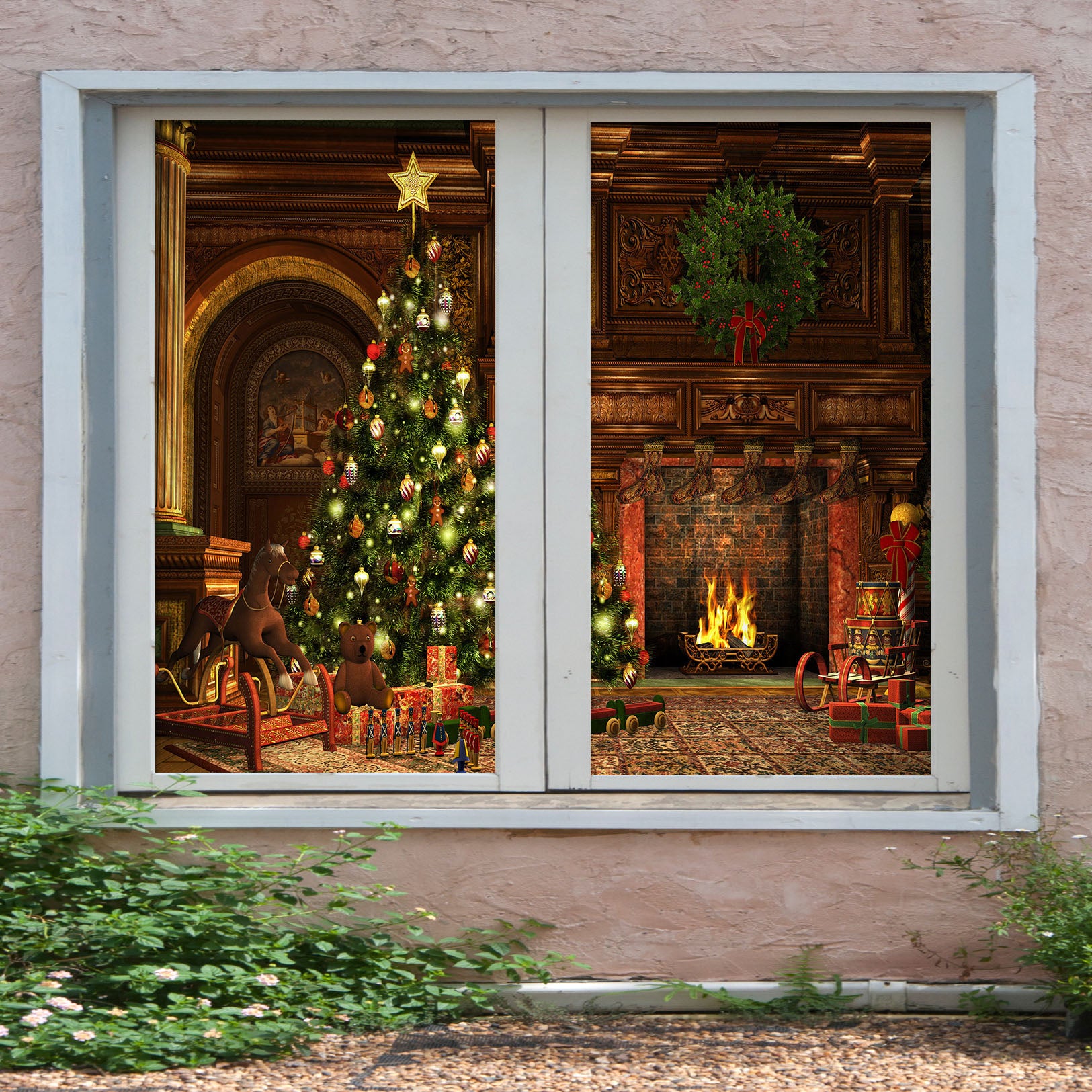 3D Tree Fireplace 30013 Christmas Window Film Print Sticker Cling Stained Glass Xmas