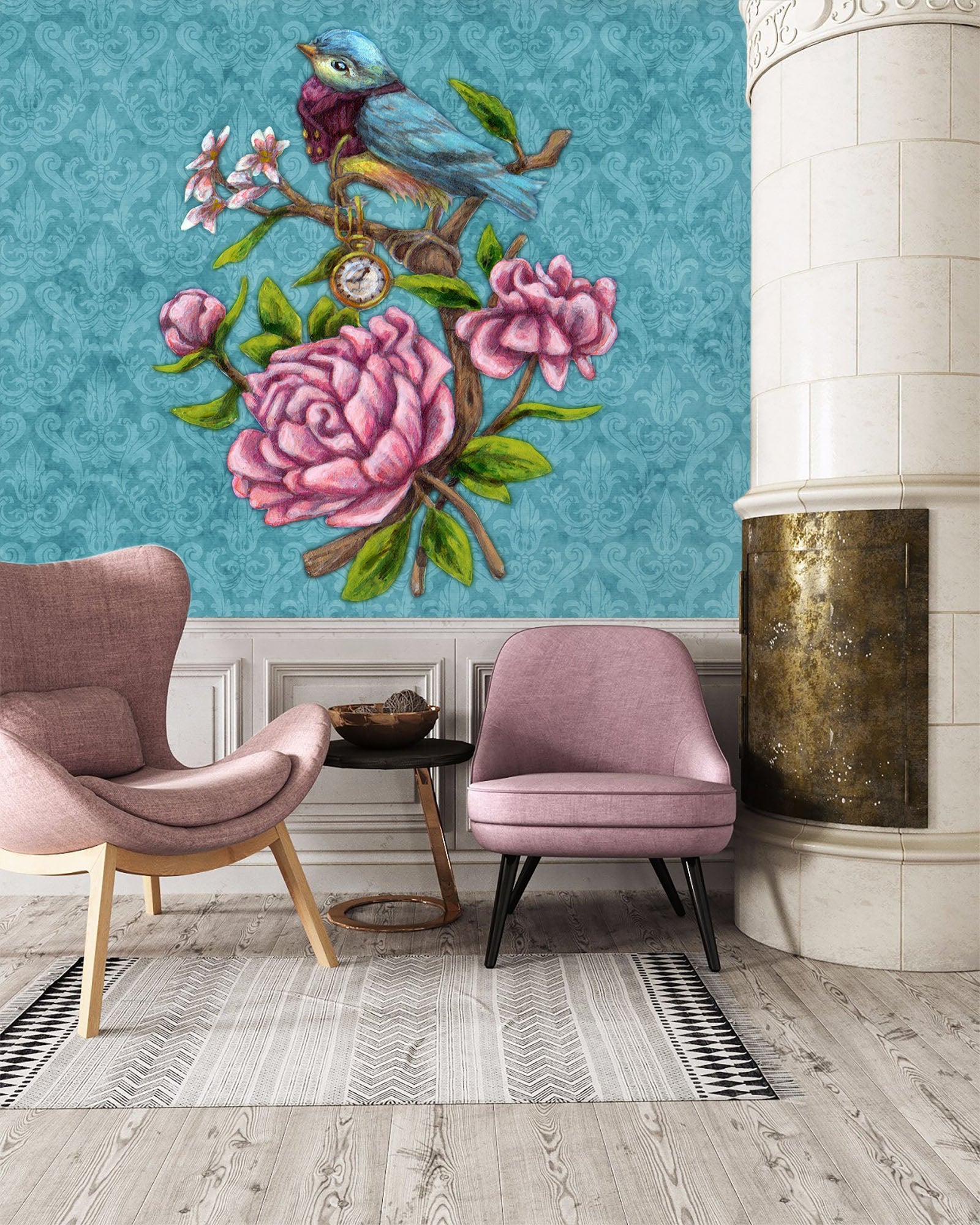 3D Pink Flower Bird 8759 Brigid Ashwood Wall Mural Wall Murals