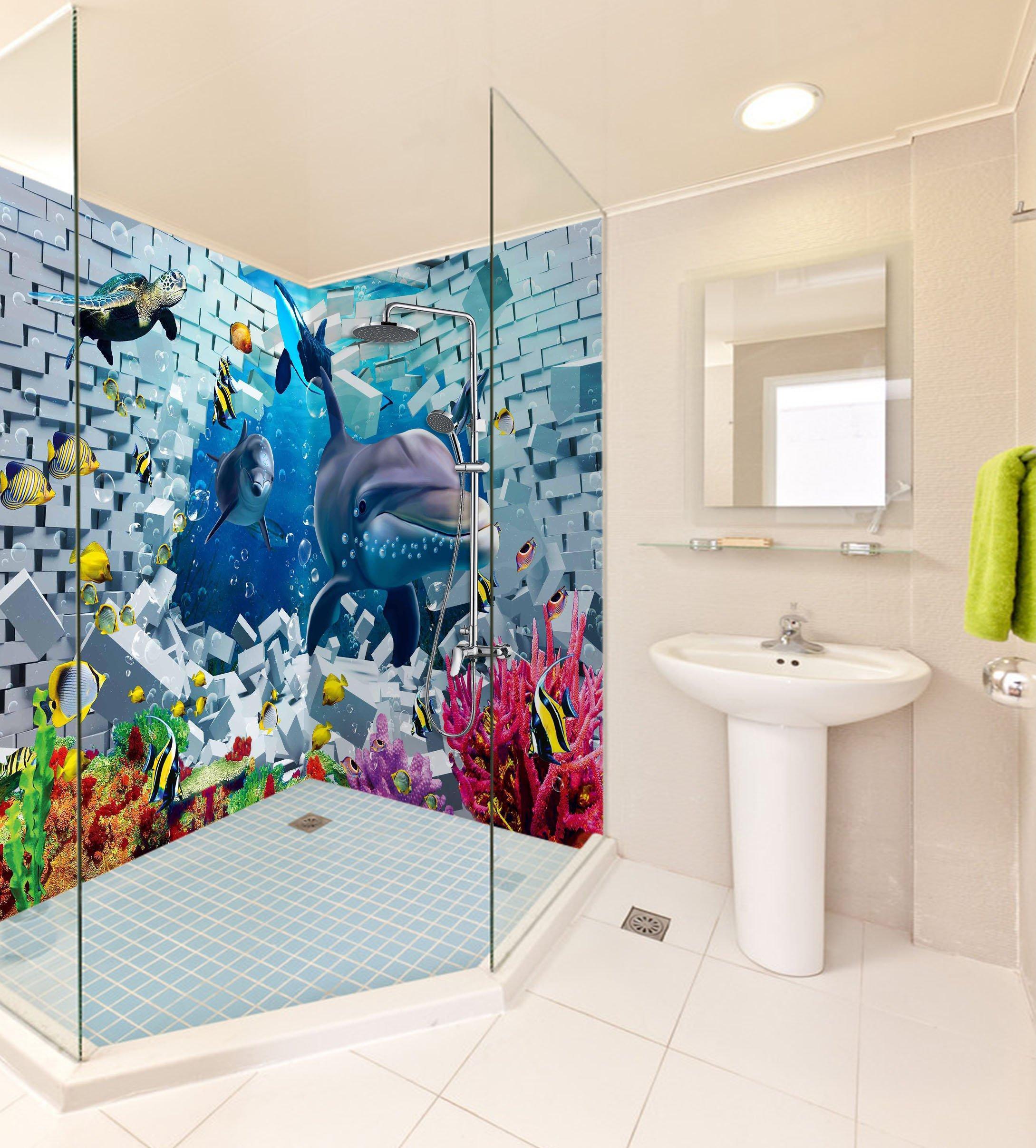 3D Ocean Bricks Hole Dolphins 33 Bathroom Wallpaper Wallpaper AJ Wallpaper 