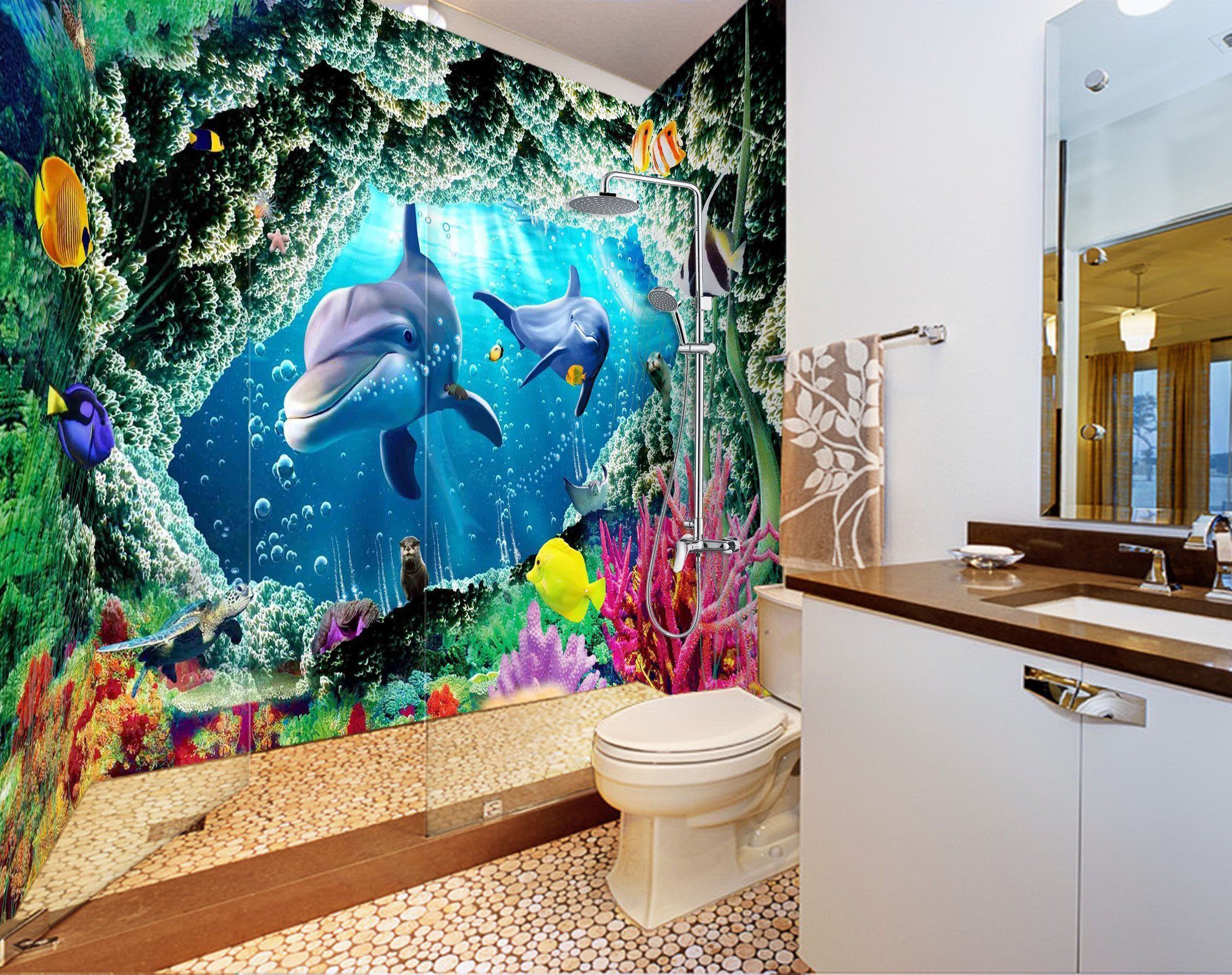 3D Ocean Dolphins Cave 6 Bathroom Wallpaper Wallpaper AJ Wallpaper 